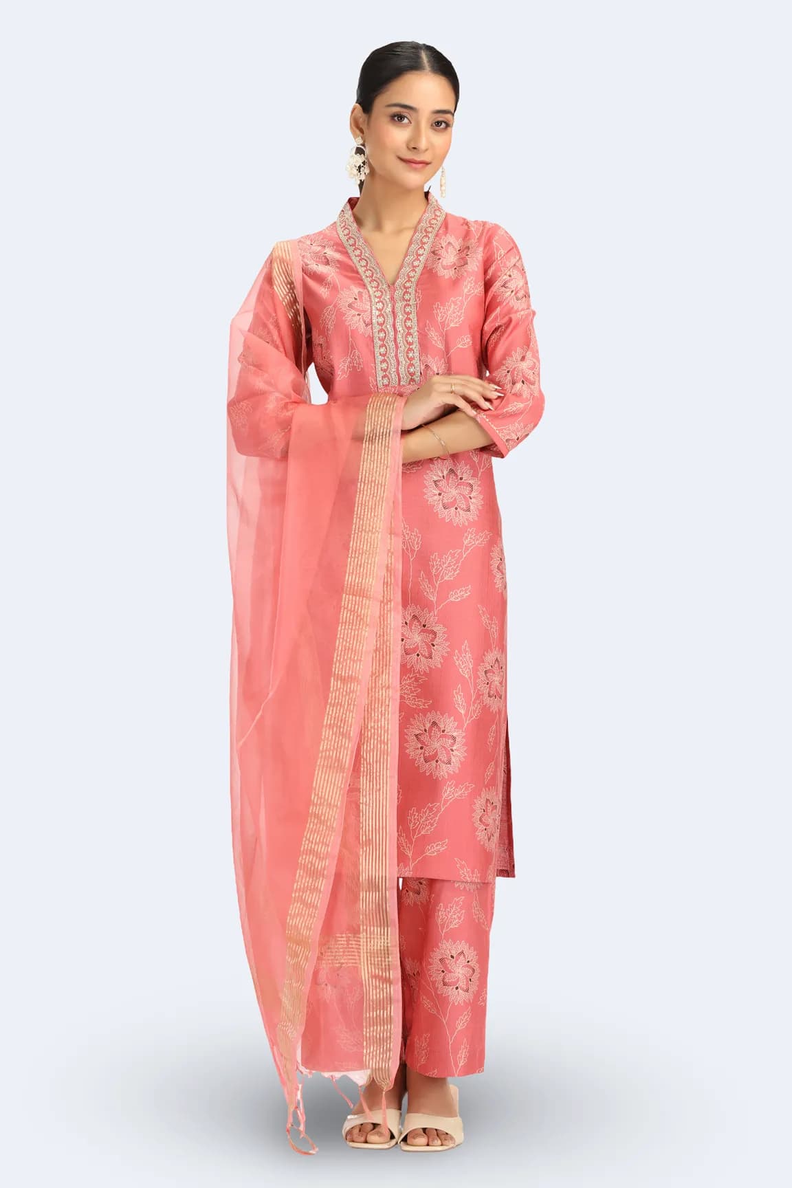 Peach Viscose Embroidered Straight Kurta Pant and Dupatta Suit Set - Barkha Boutique Kishangarh