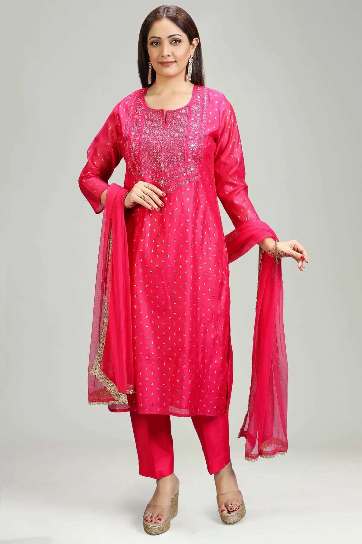 Pink Chanderi Straight Embroidered Kurta Pant Suit Set - Barkha Boutique Kishangarh