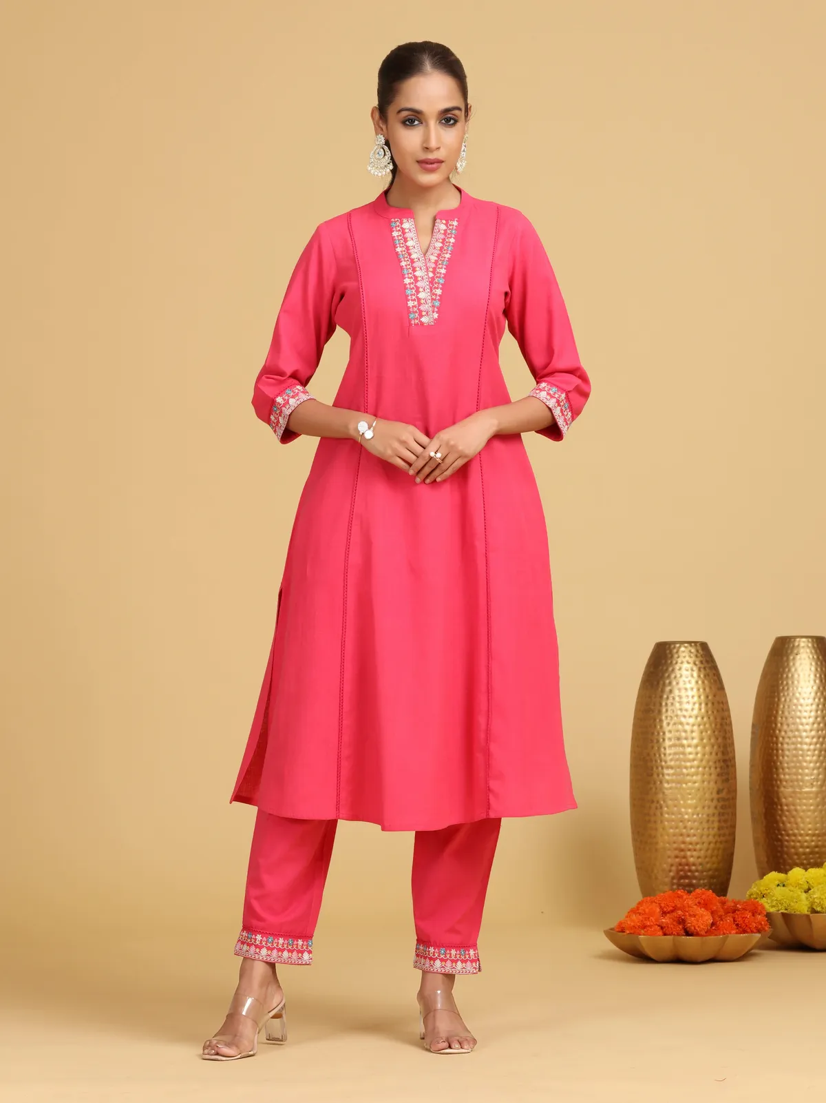 Pink Embroidered A-Line Cotton Co-ord Set - Barkha Boutique Kishangarh