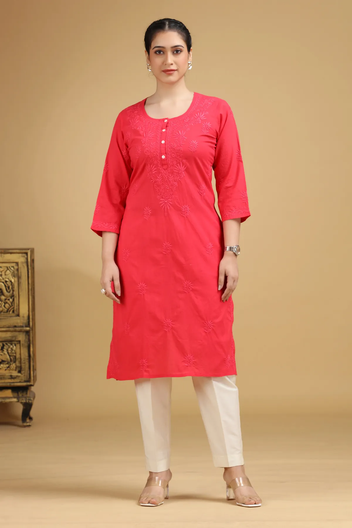 Pink Embroidered Cotton Straight Kurta - Barkha Boutique Kishangarh