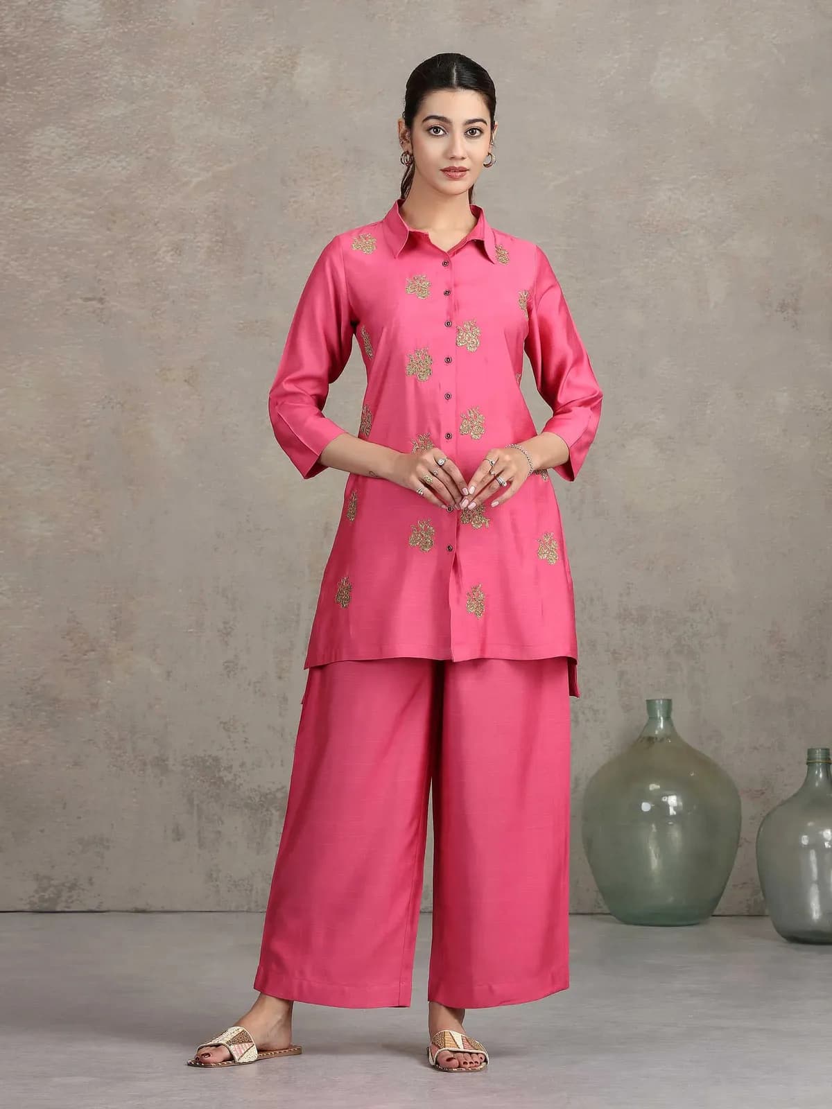 Pink Floral Embroidered Straight Co-ord Set - Barkha Boutique Kishangarh