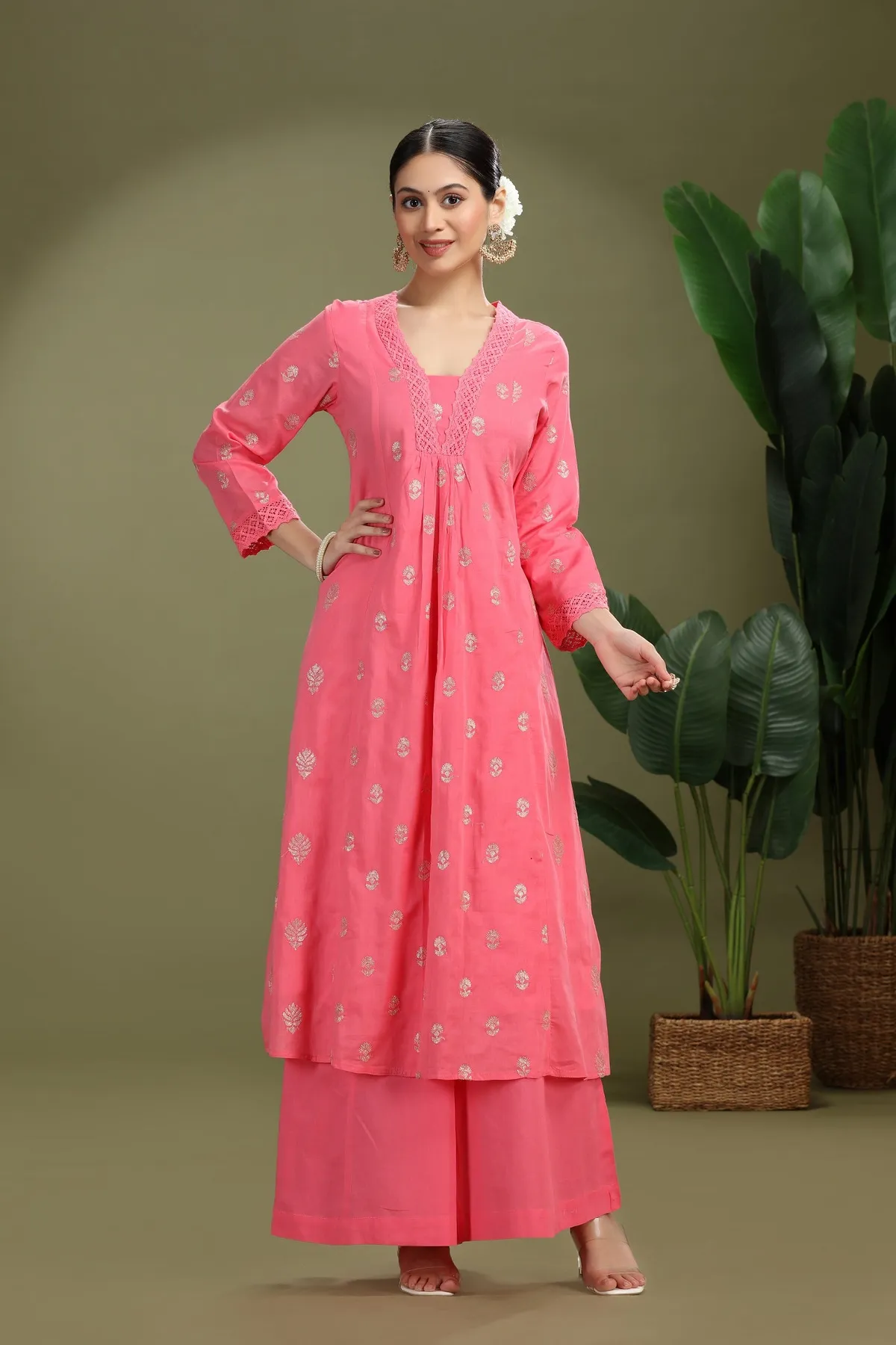 Pink Mulmul Embroidered A Line Kurta Pant Co ord Set - Barkha Boutique Kishangarh