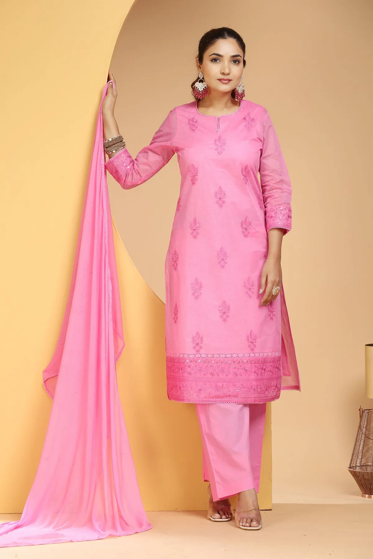 Pink Organdy Straight Embroidered Kurta pants and Dupatta Set - Barkha Boutique Kishangarh
