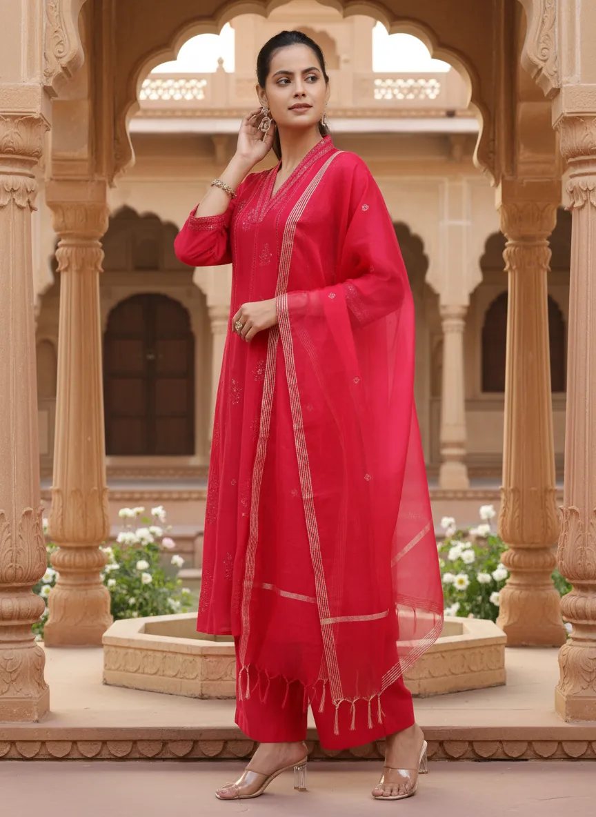 Pink PolySilk Embroidered A Line Kurta Pant and Dupatta Suit Set - Barkha Boutique Kishangarh