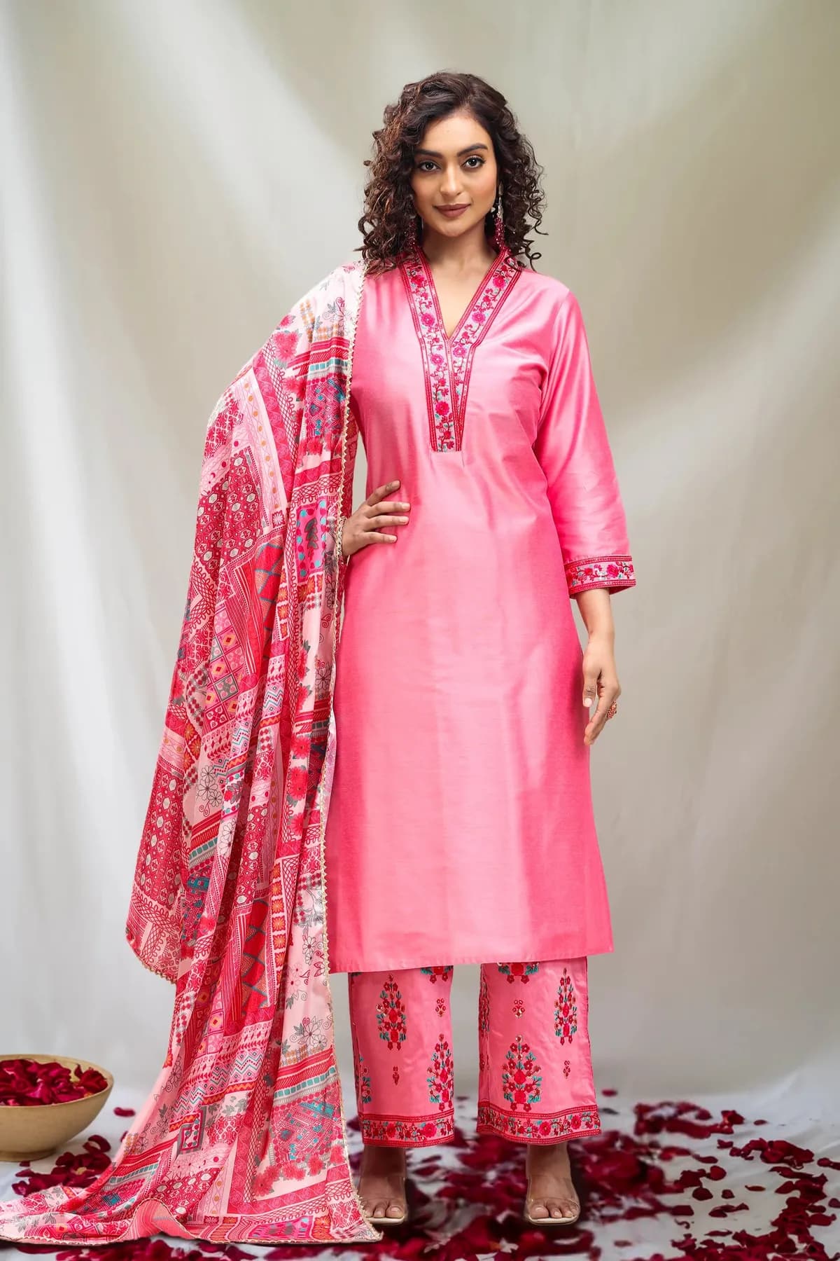 Pink PolySilk Straight Embroidered Kurta Pant Suit Set - Barkha Boutique Kishangarh