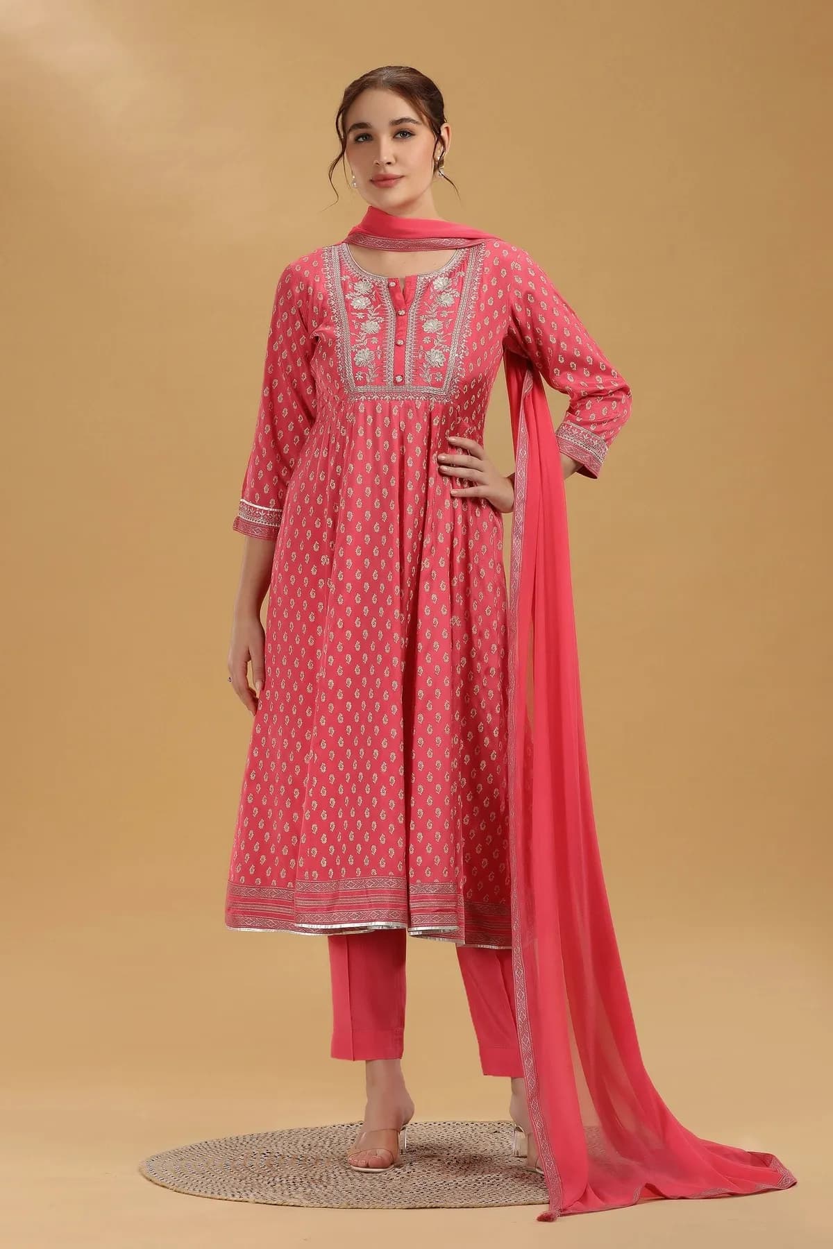 Pink Print & Embroidered Santoon A Line Kurta Pant and Dupatta Suit Set - Barkha Boutique Kishangarh