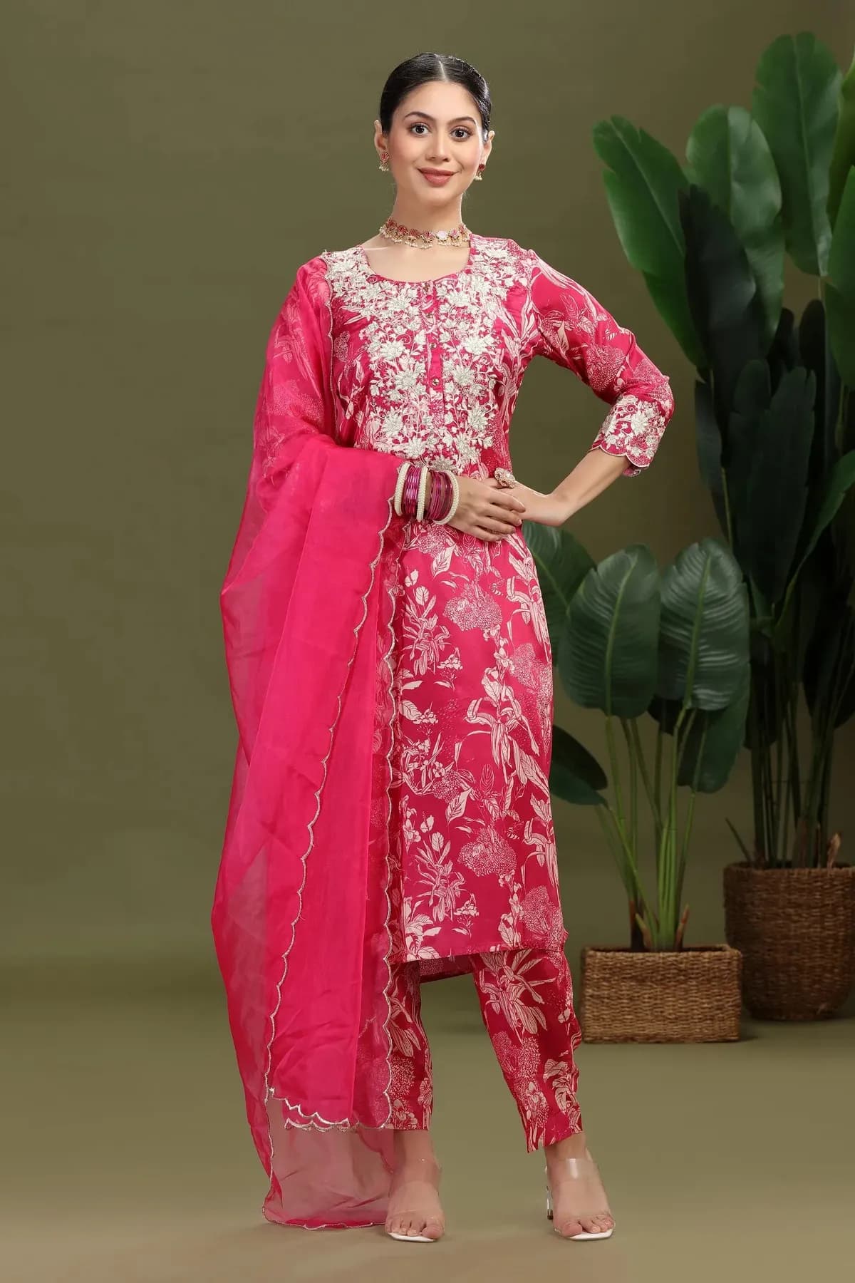 Pink Roman Silk Embroidered Straight Kurta Pant and Dupatta Suit Set - Barkha Boutique Kishangarh