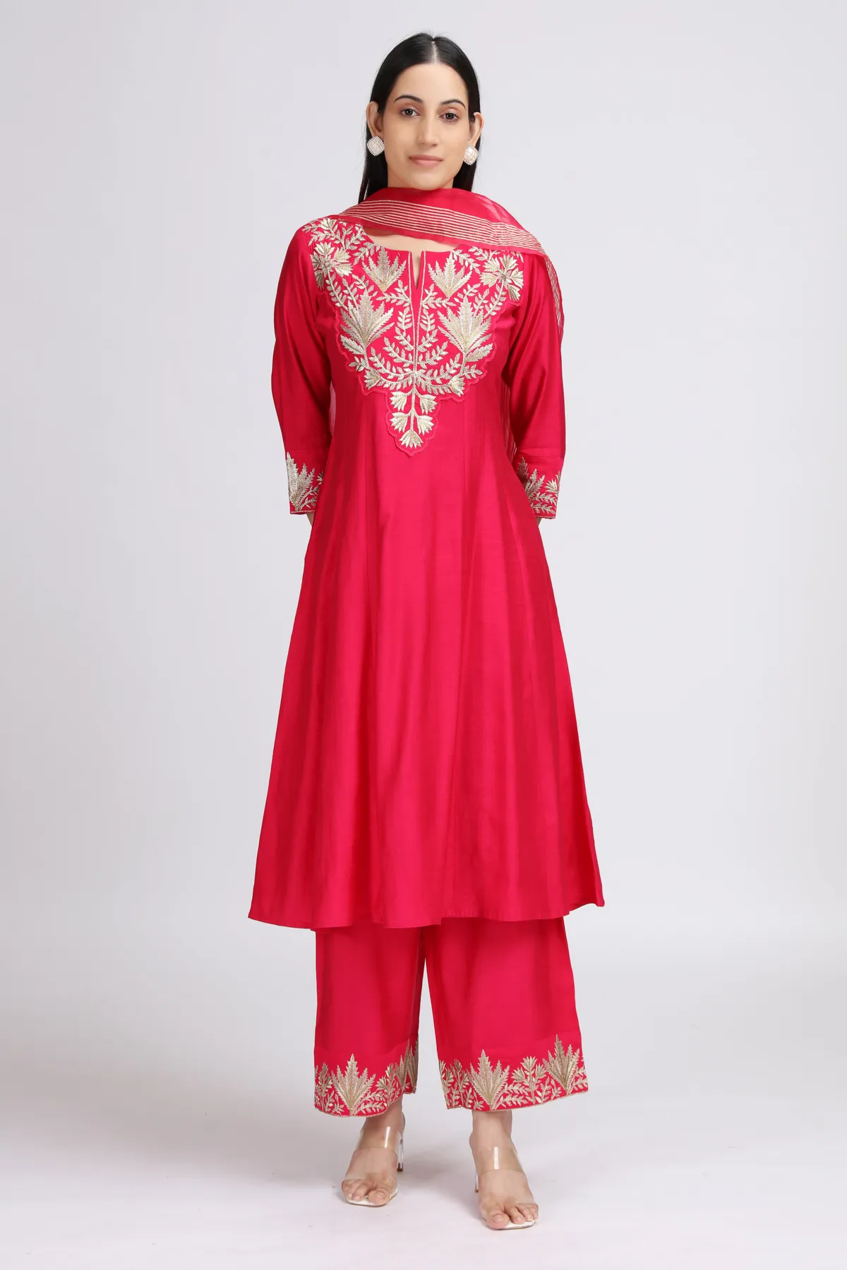 Pink Viscose Embroidered A Line Kurta Palazzo and Dupatta Suit Set - Barkha Boutique Kishangarh
