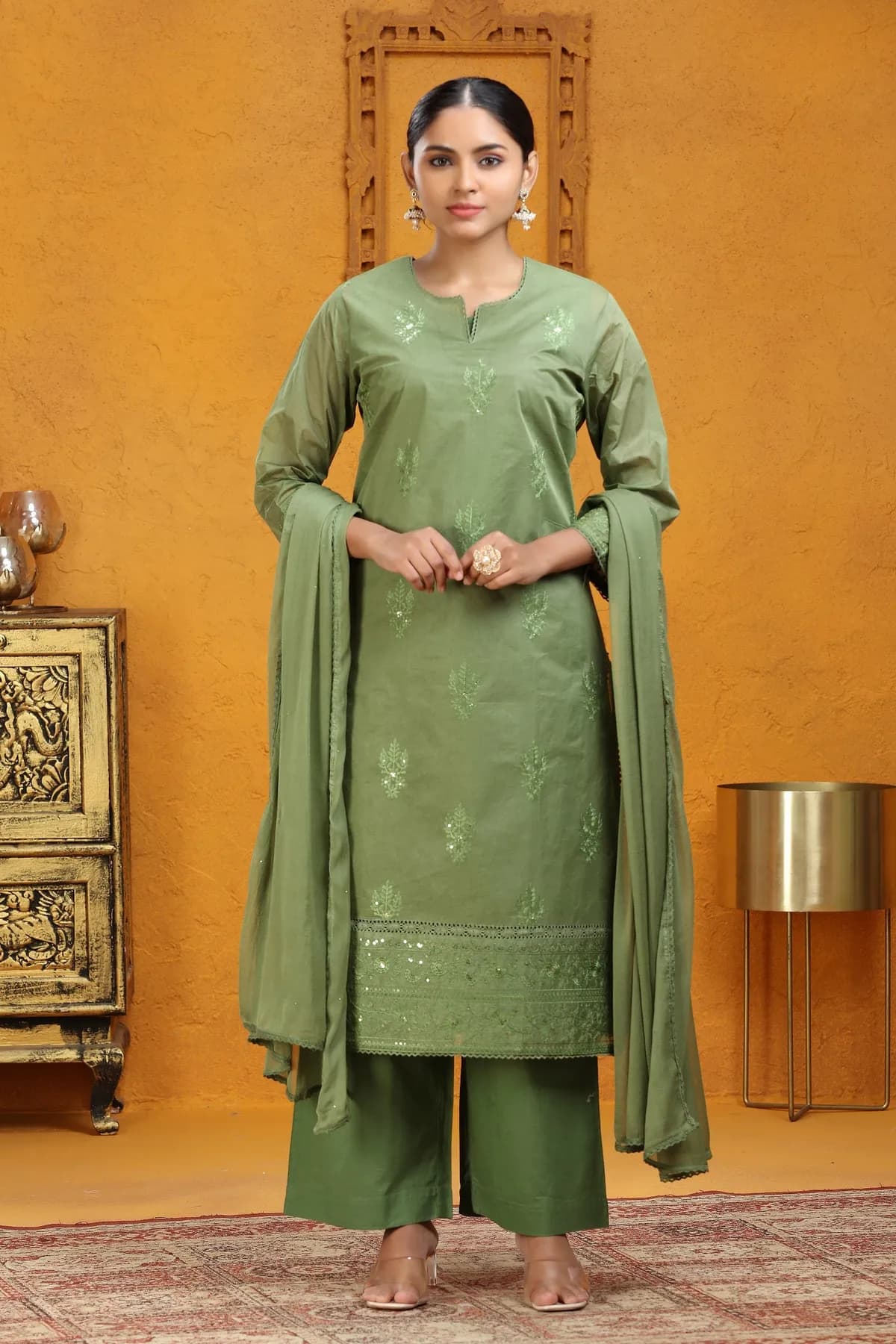 Pista Green Organdy Straight Embroidered Kurta Pants and Dupatta Set
