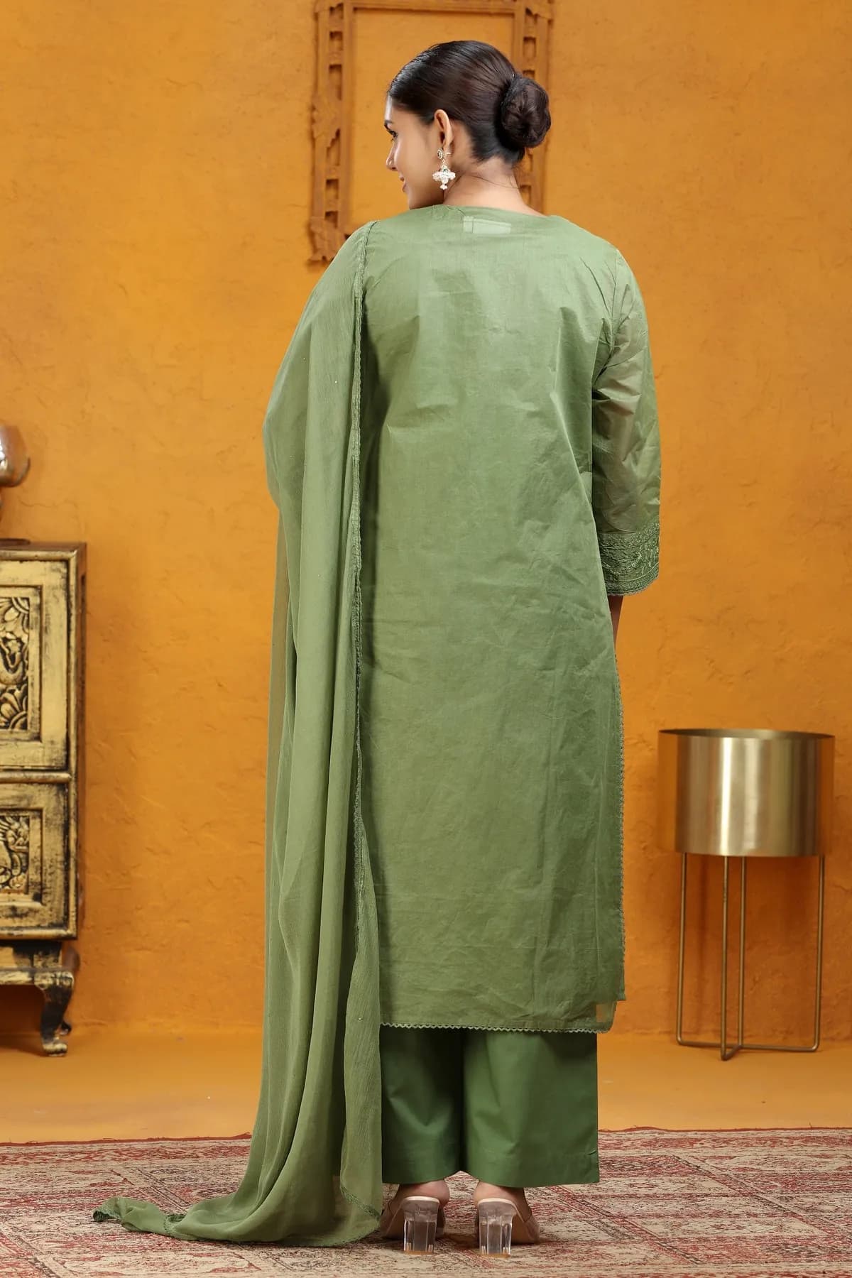 Pista Green Organdy Straight Embroidered Kurta Pants and Dupatta Set