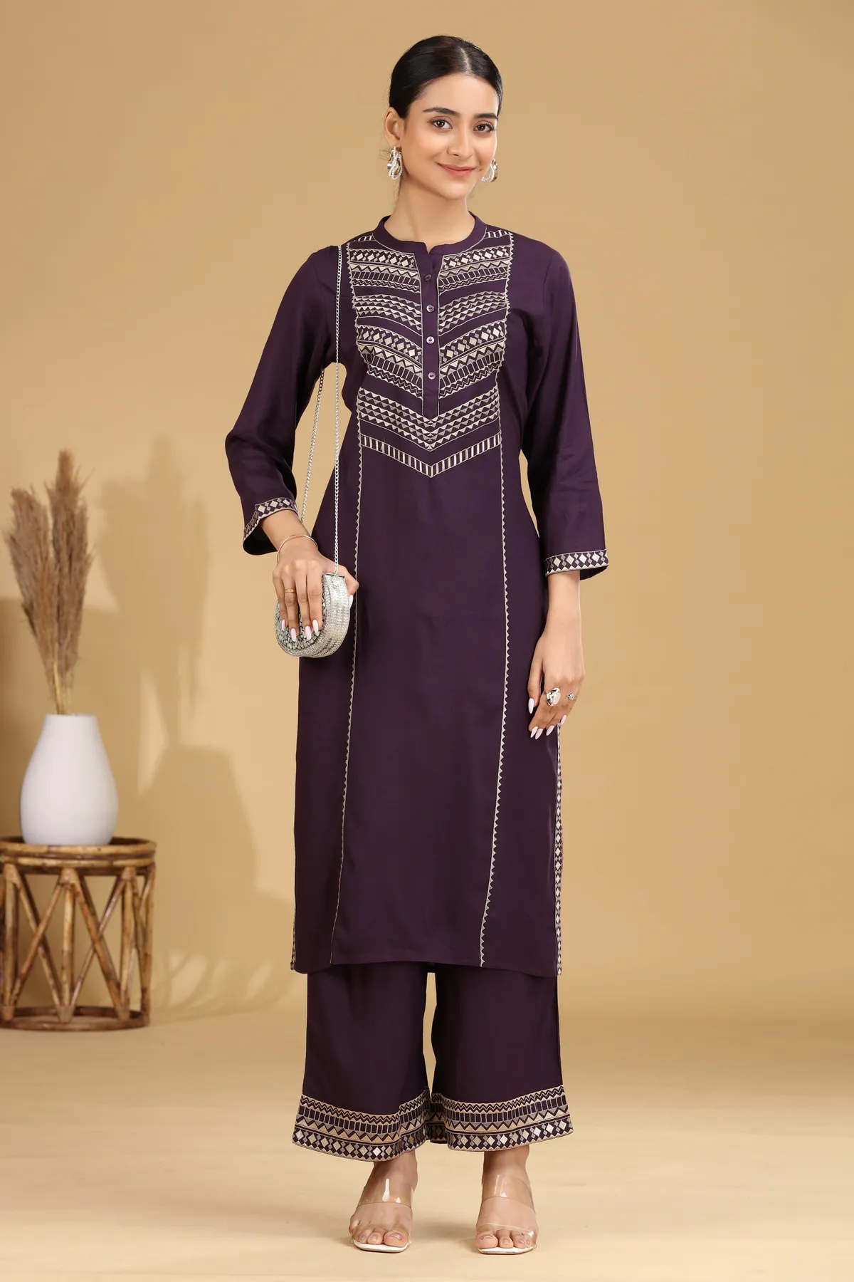 Purple Embroidered Straight Co ord Set - Barkha Boutique Kishangarh