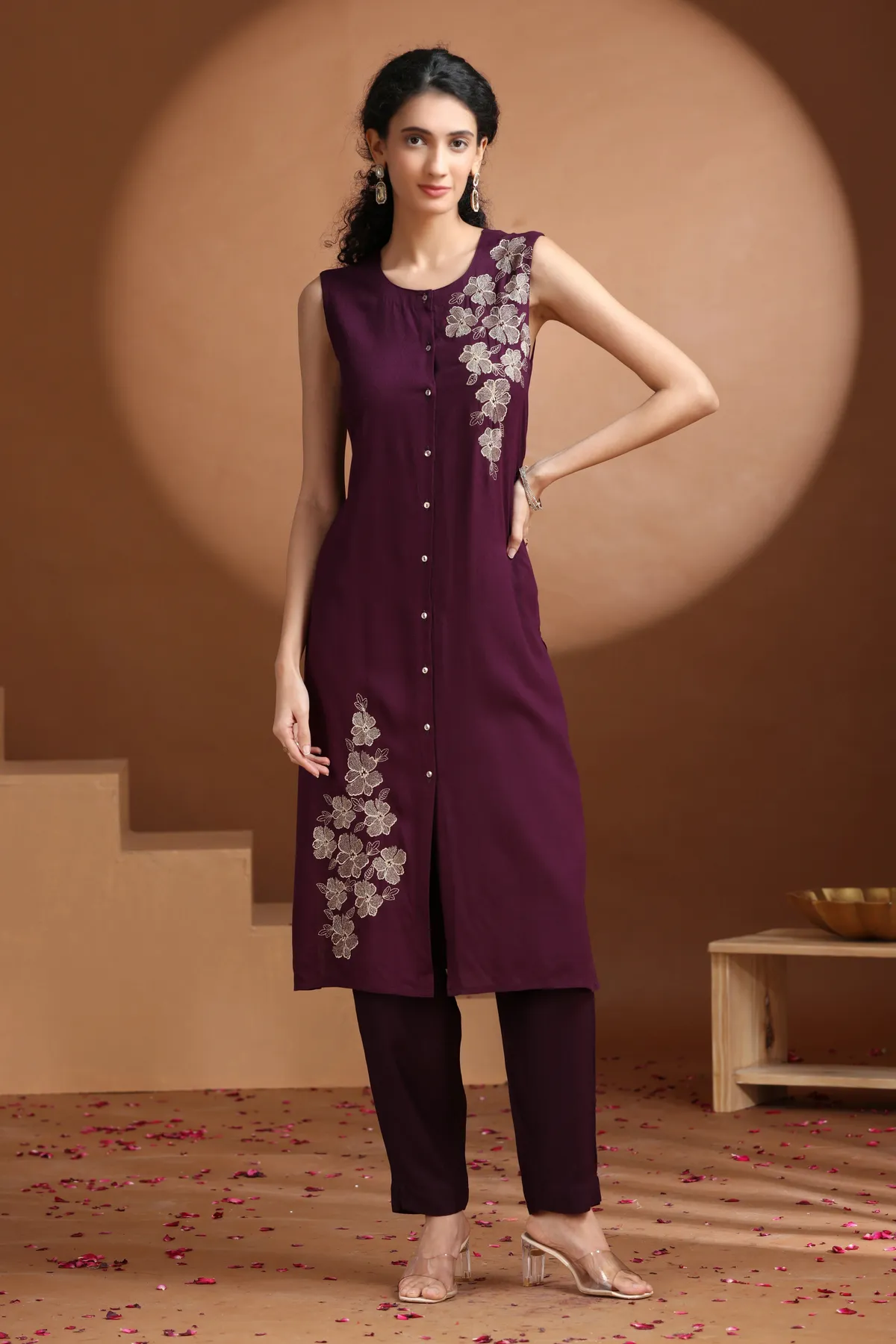 Purple Embroidered Straight Co ord Set - Barkha Boutique Kishangarh