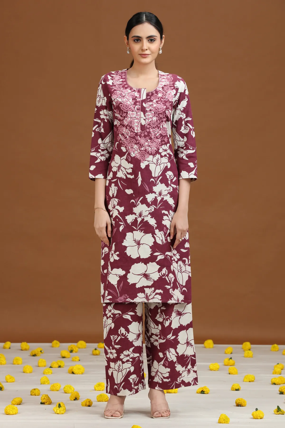 Purple Floral Embroidered Straight Co-ord Set - Barkha Boutique Kishangarh