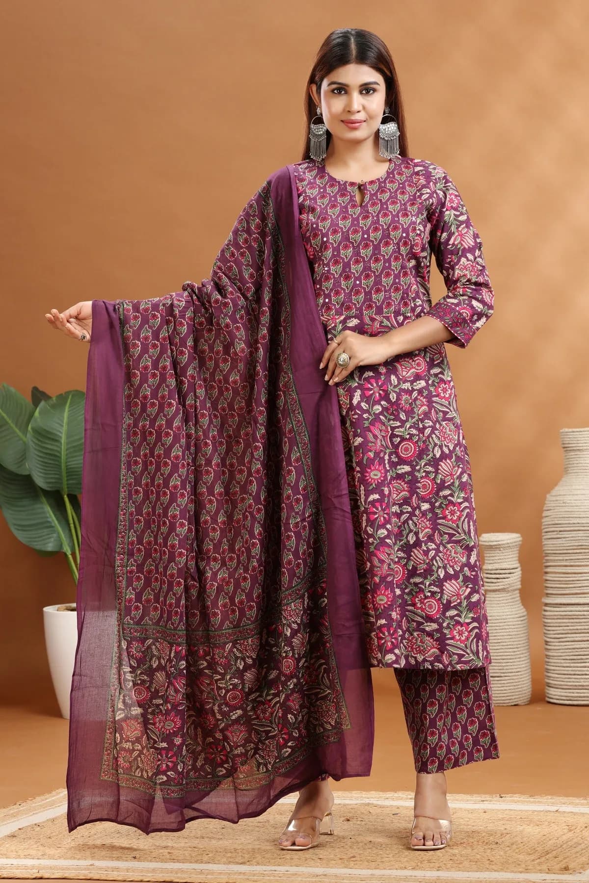 Purple Jaipuri Cotton A Line Printed Kurta Pants and Dupatta Set - Barkha Boutique Kishangarh