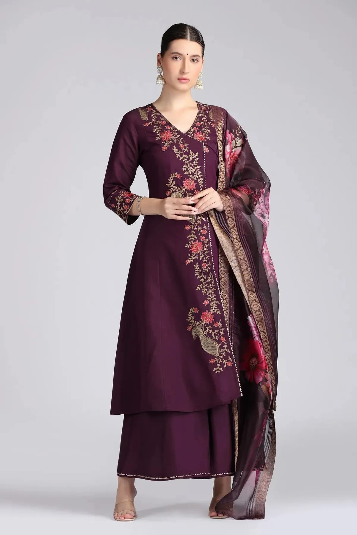 Purple Roman Silk Embroidered A Line Kurta Pant and Dupatta Suit Set - Barkha Boutique Kishangarh