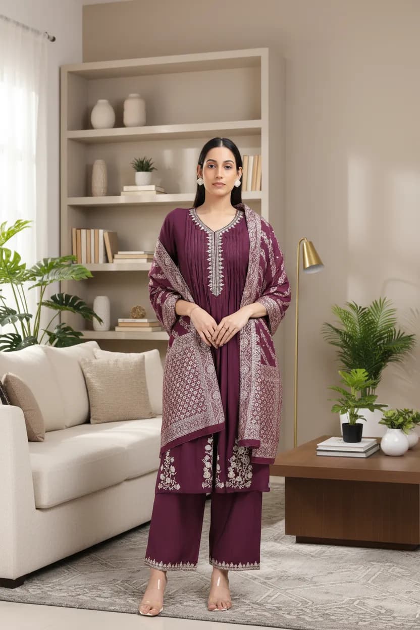 Purple Roman Silk Embroidered A Line Kurta Pant and Dupatta Suit Set - Barkha Boutique Kishangarh