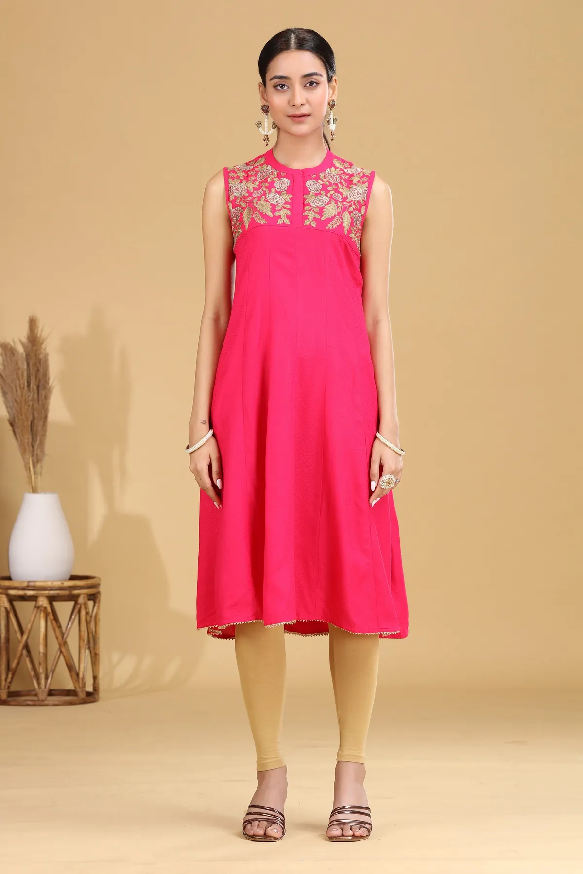 Rani Pink Embroidered A-Line Dress - Barkha Boutique Kishangarh