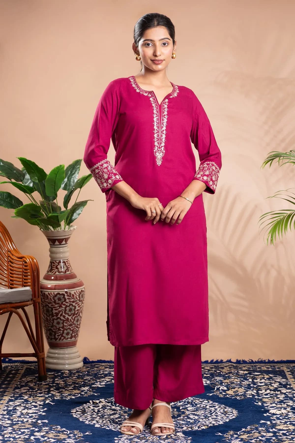 Rani Pink Embroidered Straight Co-ord Set - Barkha Boutique Kishangarh