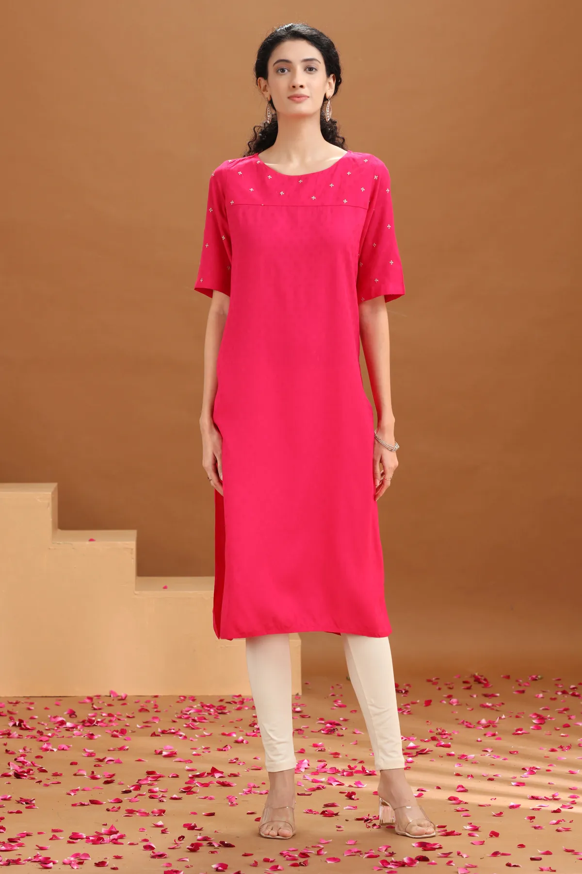 Rani Pink Embroidered Straight Kurta - Barkha Boutique Kishangarh