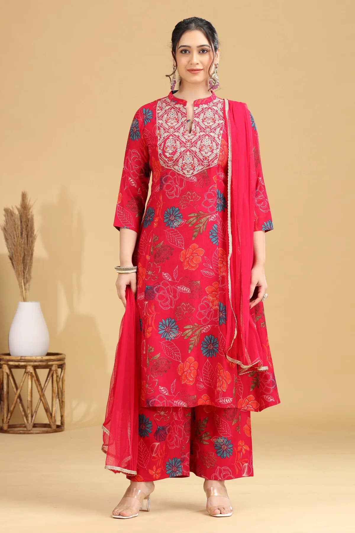 Rani Pink Floral Embroidered Straight Ethnic Set - Barkha Boutique Kishangarh