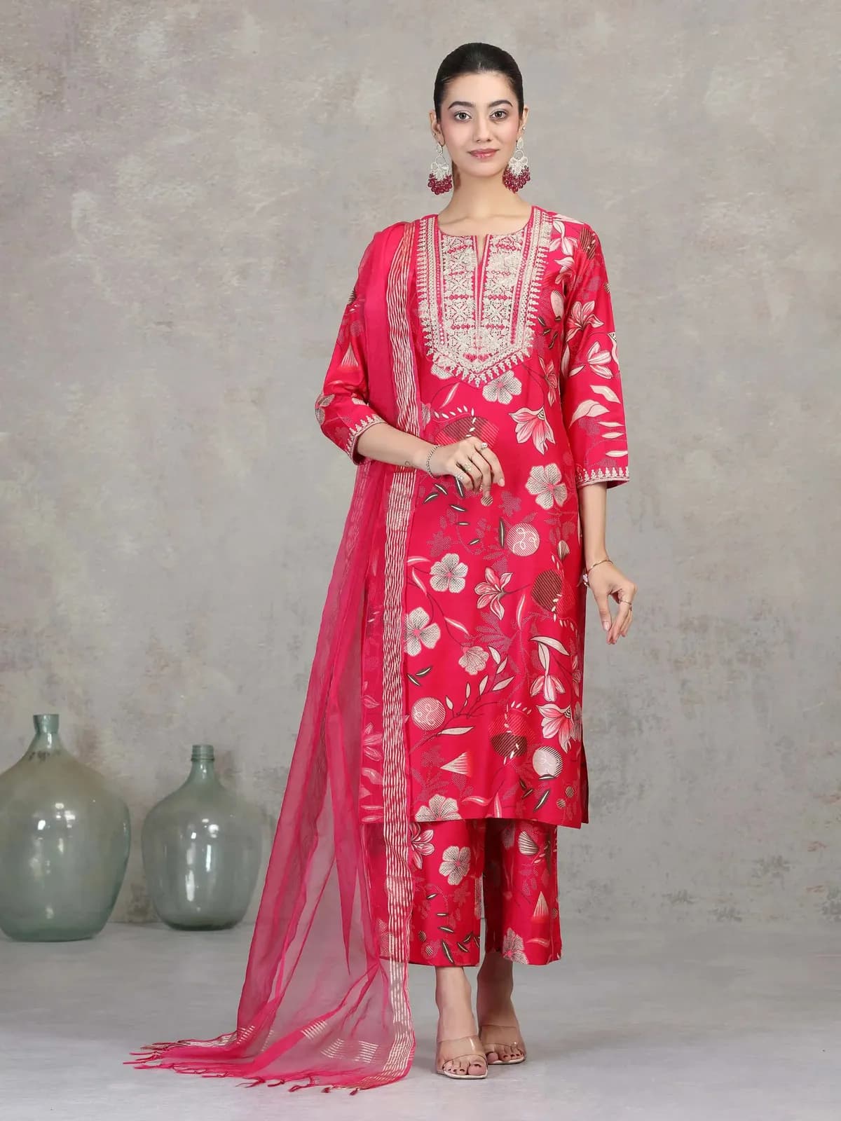 Rani Pink Floral Embroidered Straight Ethnic Set - Barkha Boutique Kishangarh