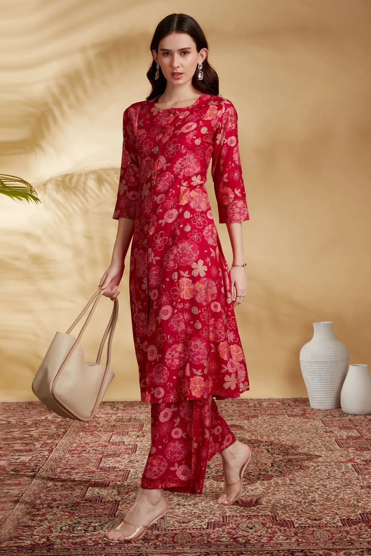 Rani Pink Floral Printed A-Line Co-ord Set - Barkha Boutique Kishangarh