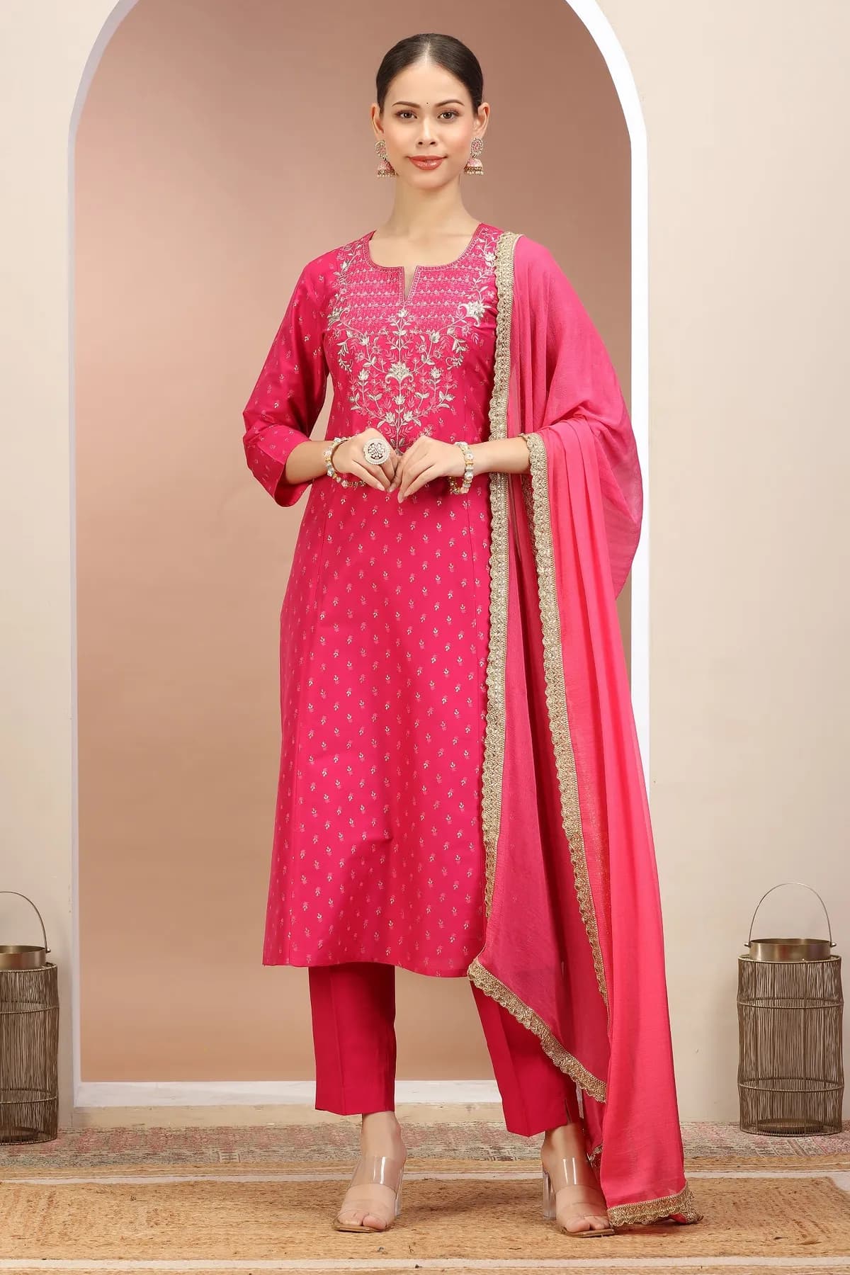 Rani Pink PolySilk Embroidered A Line Kurta Pants and Dupatta Set - Barkha Boutique Kishangarh