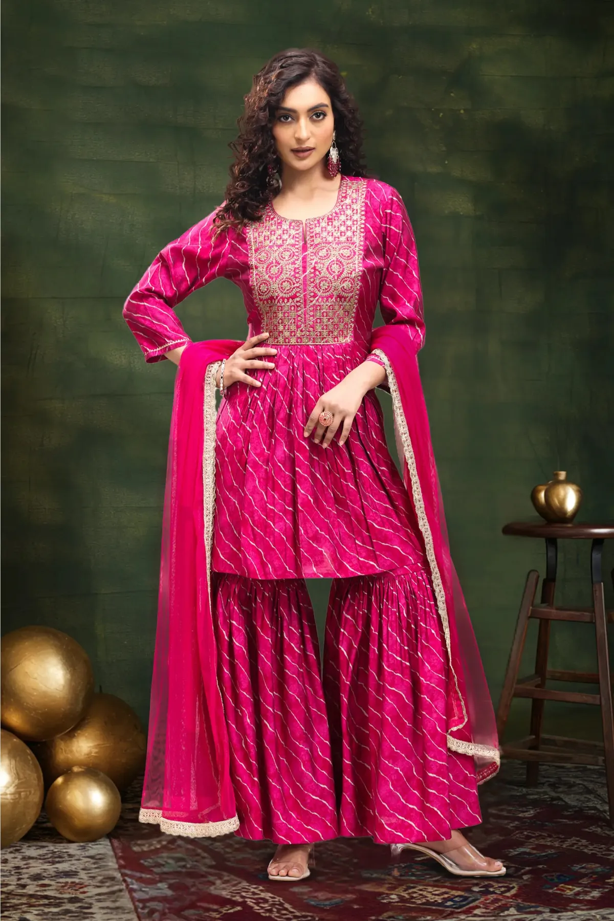 Rani Pink Roman Silk Gathered Kurta Sharara Suit Set - Barkha Boutique Kishangarh