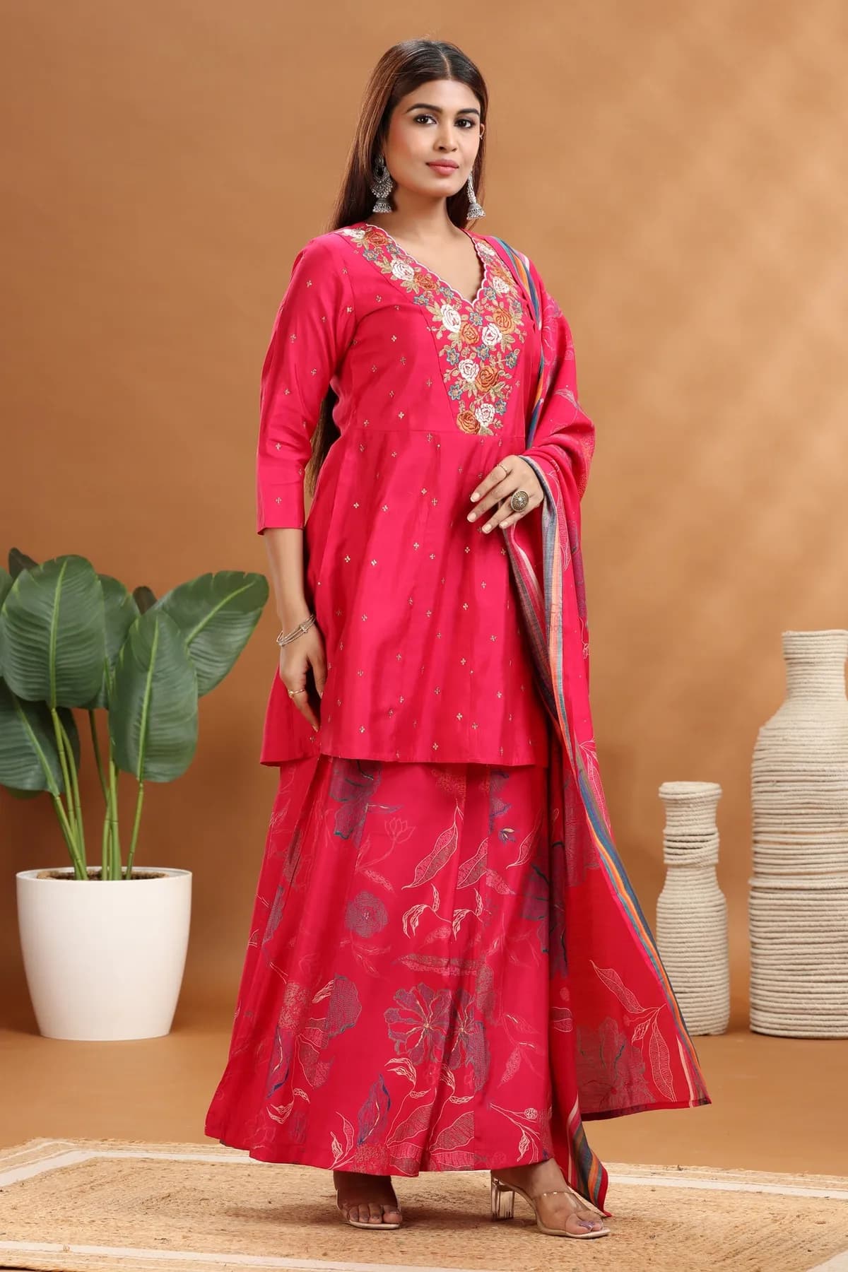 Rani Pink Roman Silk Straight Embroidered Kurta Sharara and Dupatta Set - Barkha Boutique Kishangarh