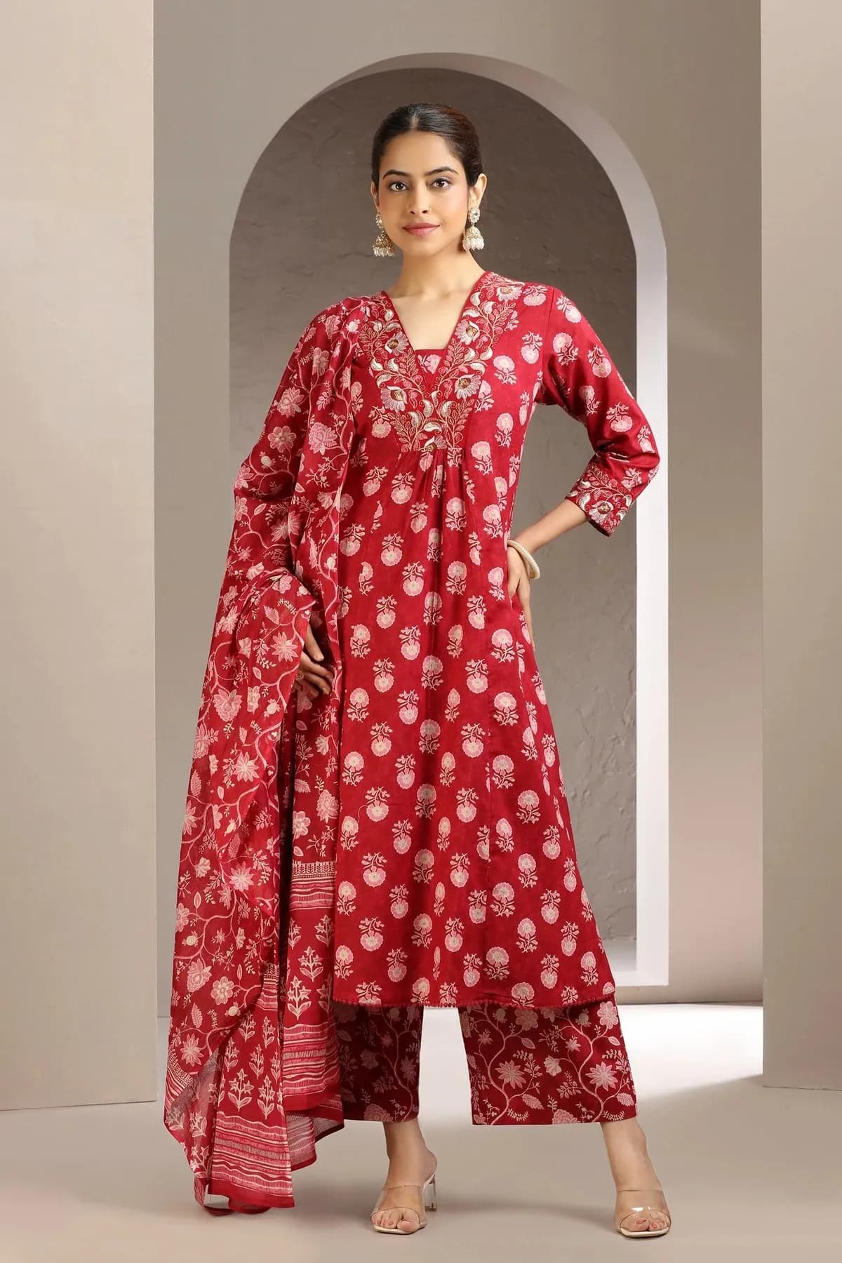 Red Cotton A Line Embroidered Kurta Pant and Dupatta Set - Barkha Boutique Kishangarh