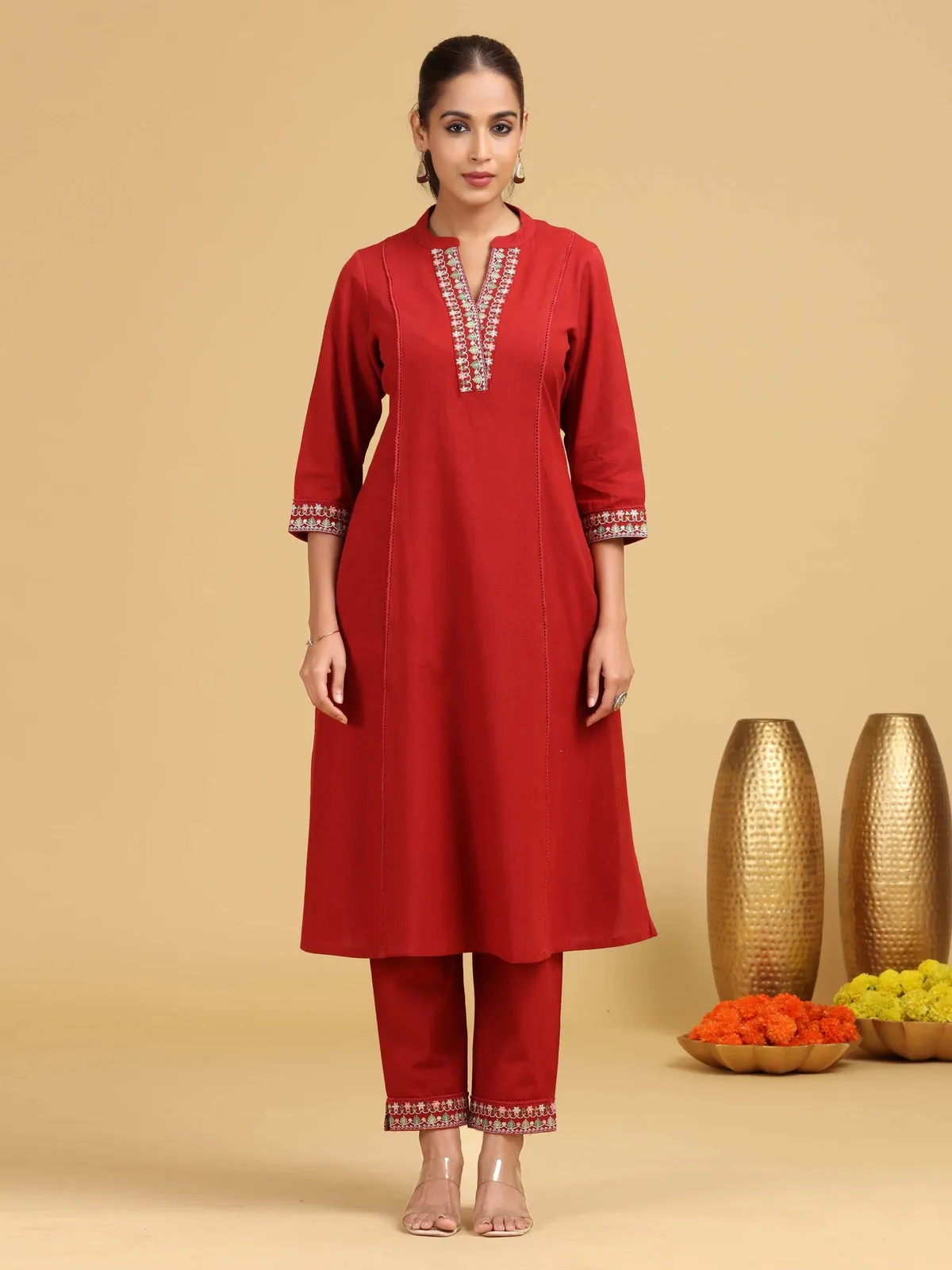 Red Embroidered A-Line Cotton Co-ord Set - Barkha Boutique Kishangarh