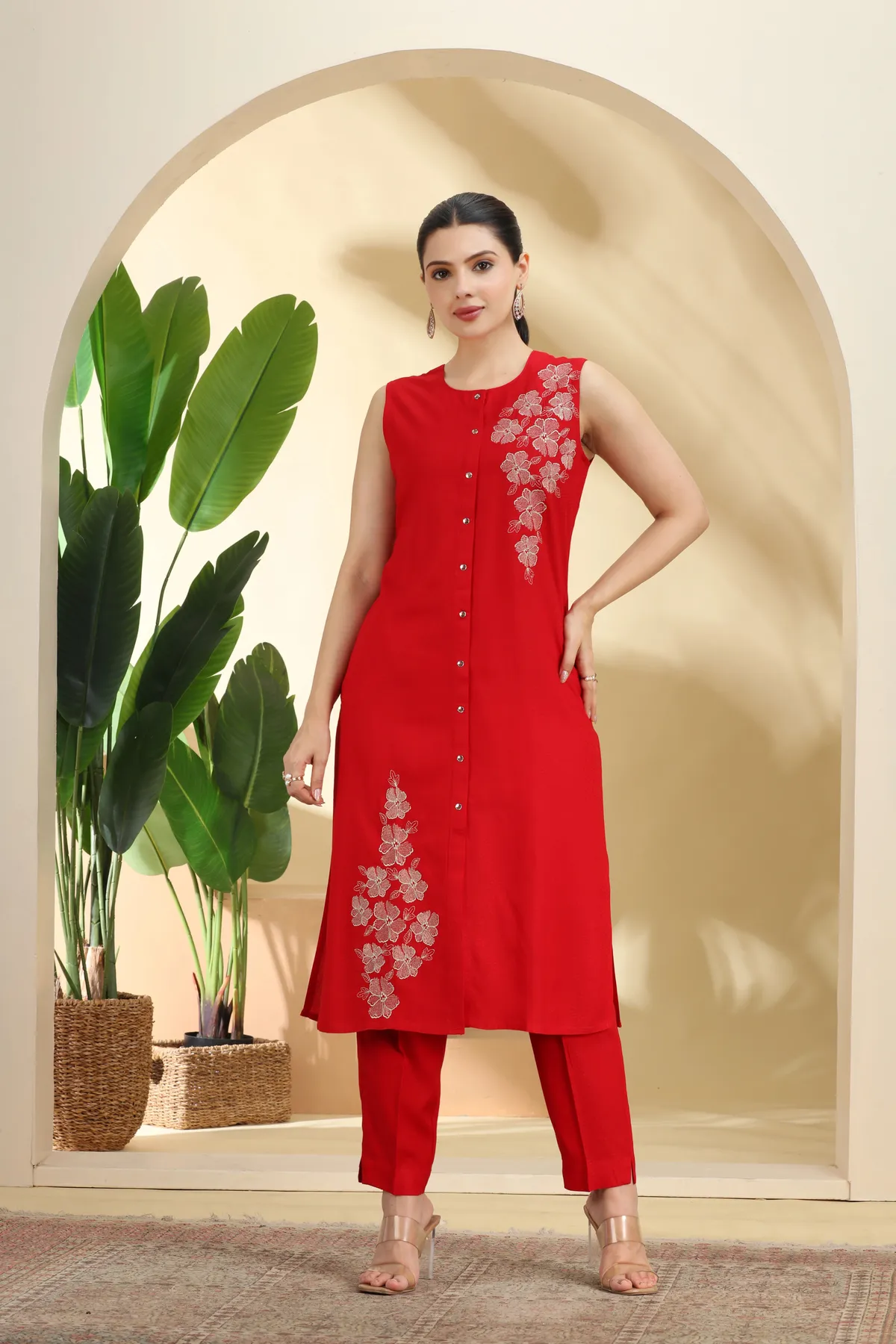 Red Embroidered Straight Co ord Set - Barkha Boutique Kishangarh