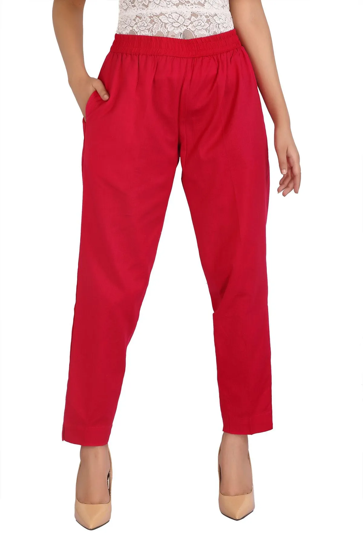 Red Solid Cotton Pant - Barkha Boutique Kishangarh