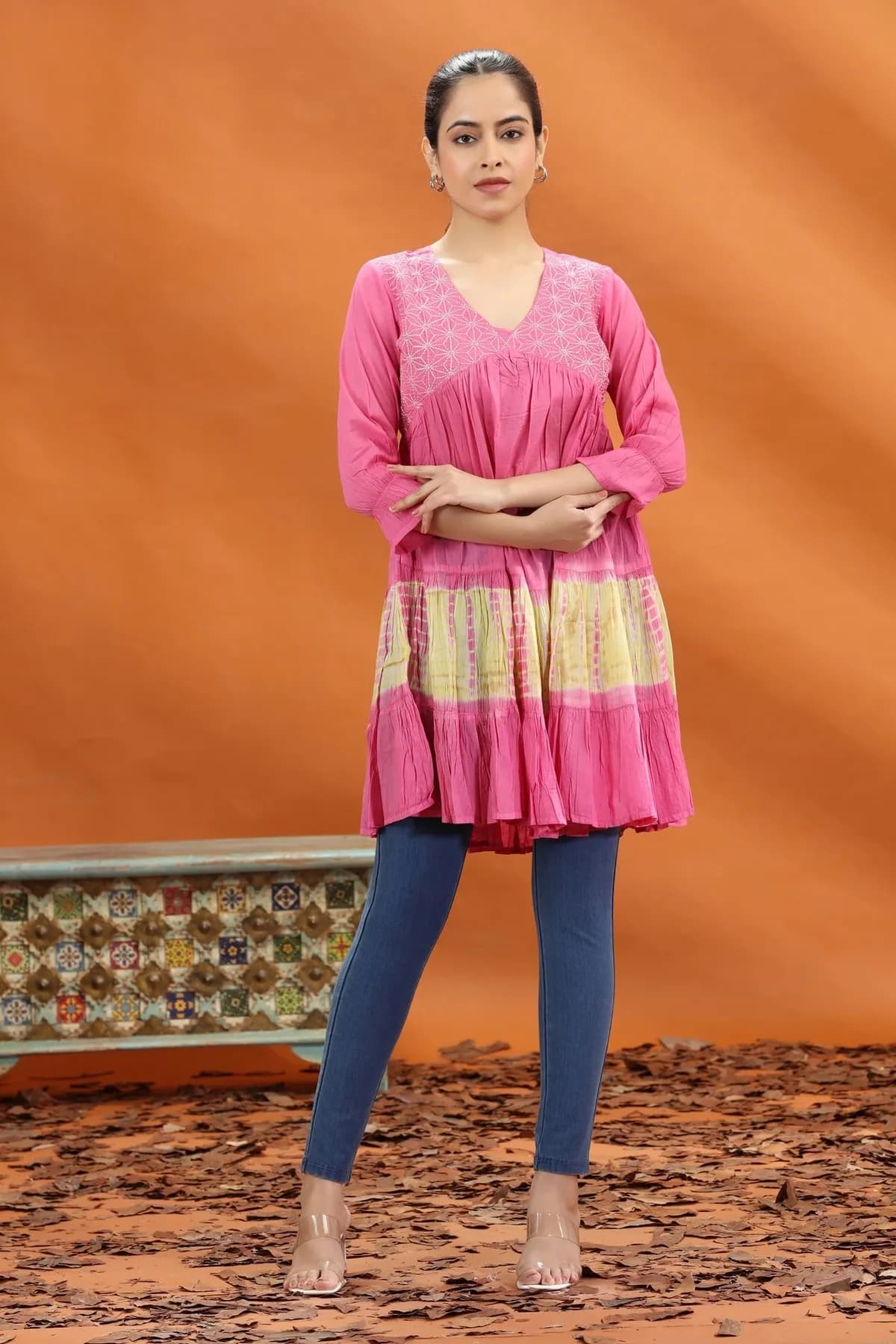 Rose Pink Cotton Embroidered Short Kurti - Barkha Boutique Kishangarh