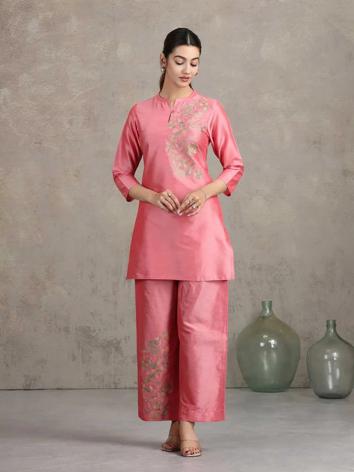 Rose Pink Floral Embroidered Straight Co-ord Set - Barkha Boutique Kishangarh