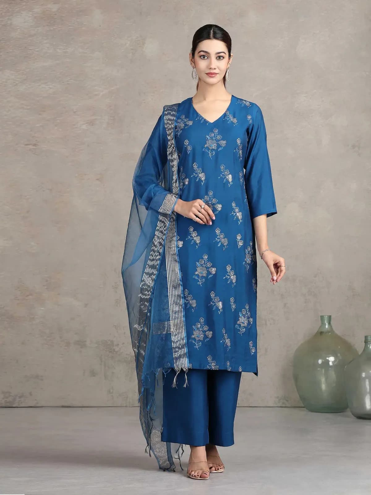 Royal Blue Embroidered Straight Ethnic Set - Barkha Boutique Kishangarh