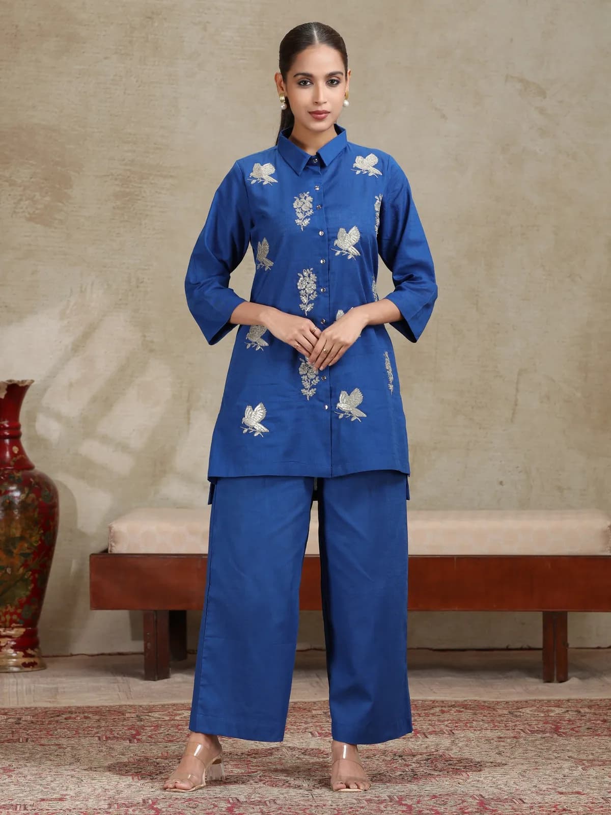 Royal Blue Floral Embroidered Straight Co-ord Set - Barkha Boutique Kishangarh