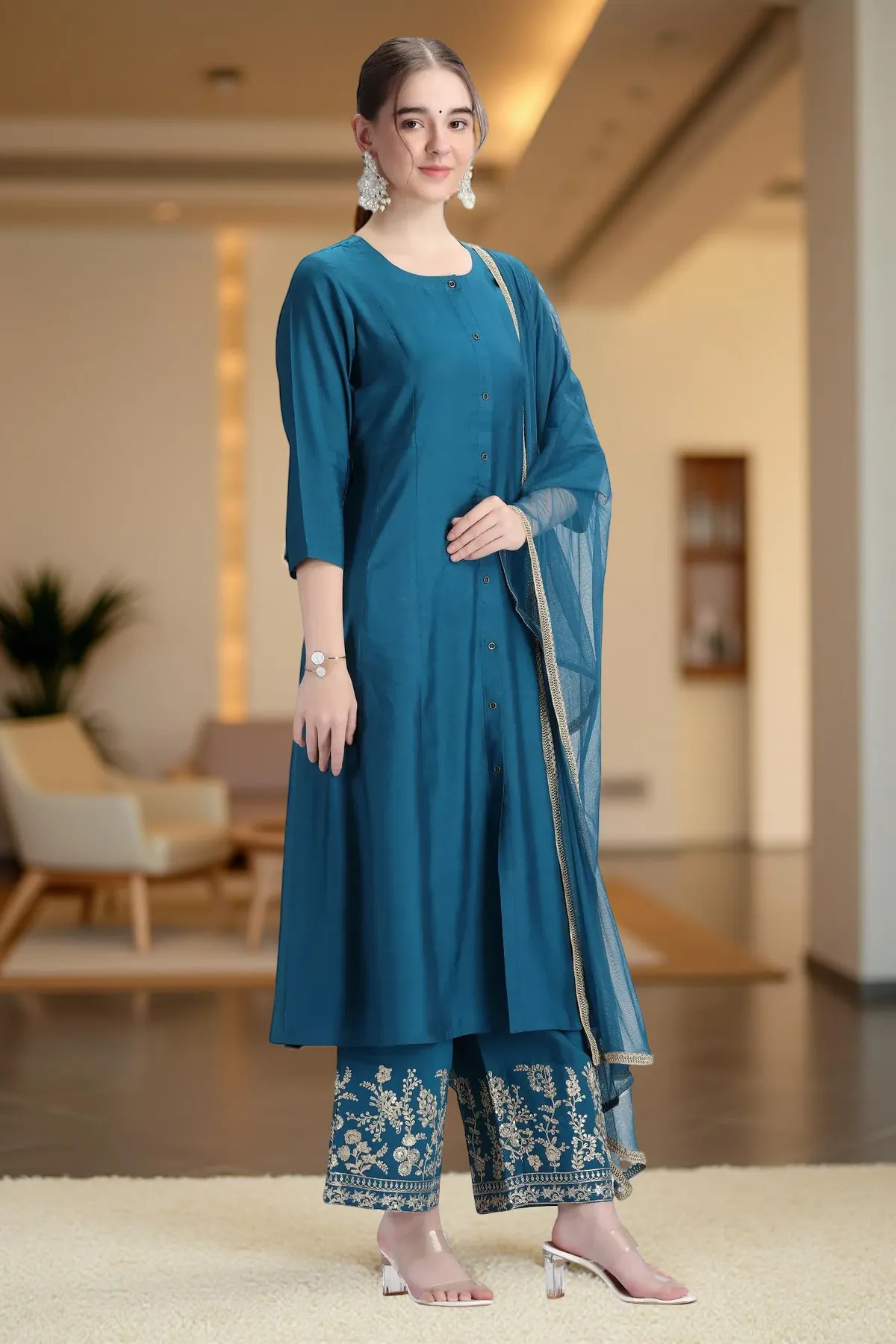 Royal Blue PolySilk Embroidered A Line Kurta Pant and Dupatta Suit Set - Barkha Boutique Kishangarh