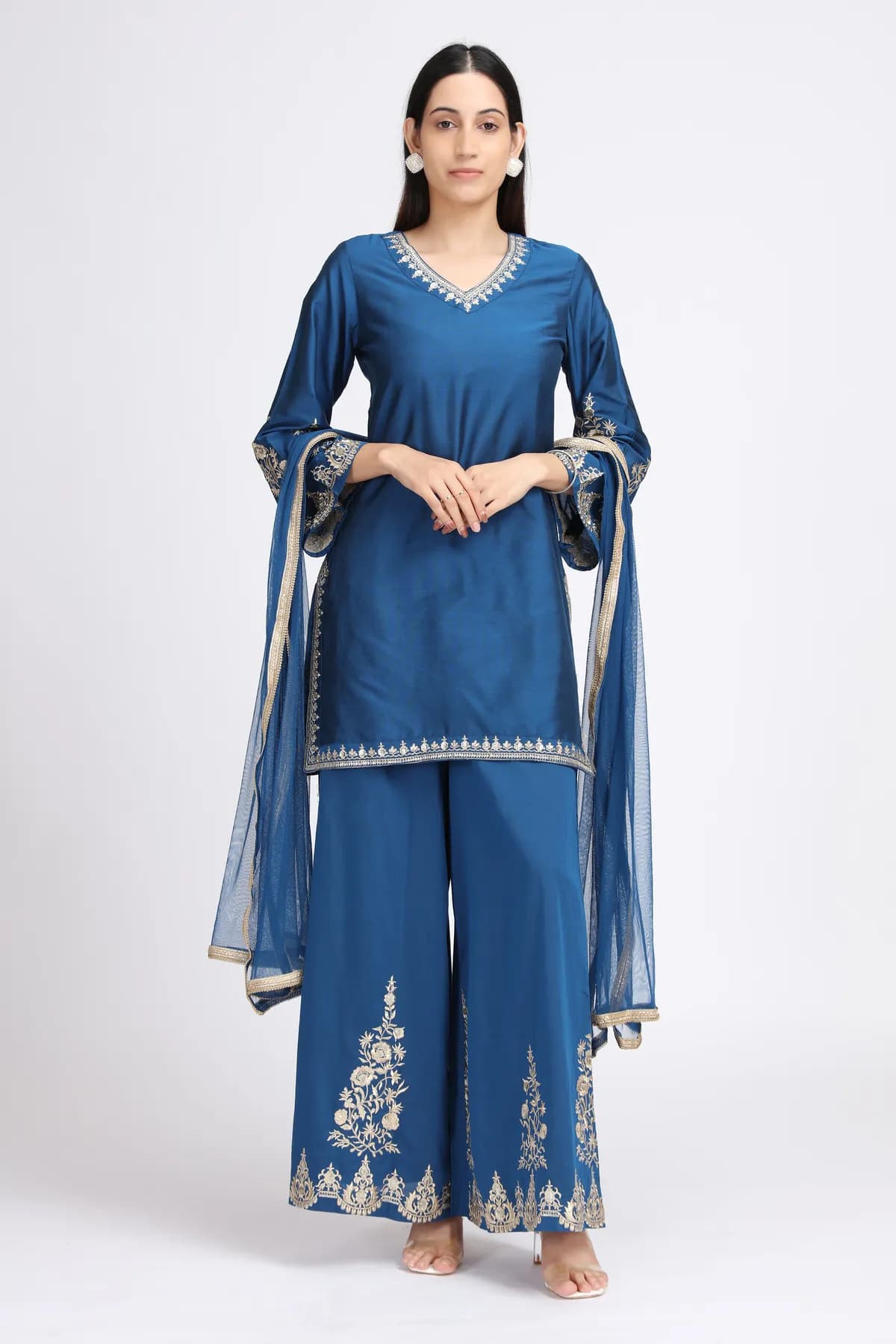 Royal Blue PolySilk Embroidered Straight Kurta Pant and Dupatta Suit Set - Barkha Boutique Kishangarh