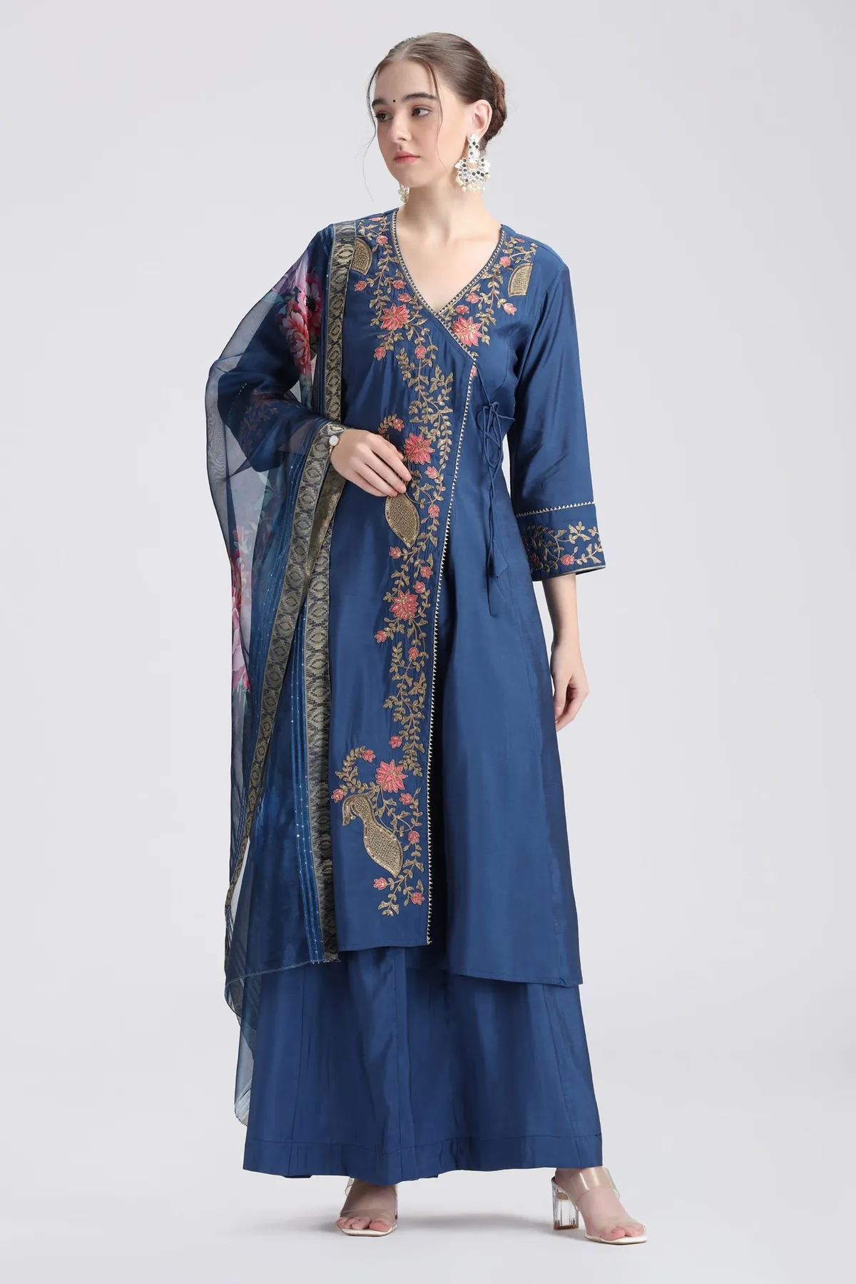 Royal Blue Roman Silk Embroidered A Line Kurta and Dupatta Set - Barkha Boutique Kishangarh