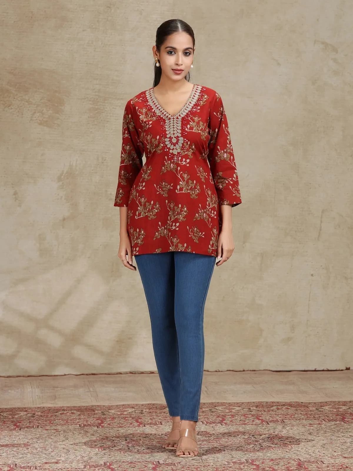 Rust Embroidered Straight Cotton Tunic - Barkha Boutique Kishangarh