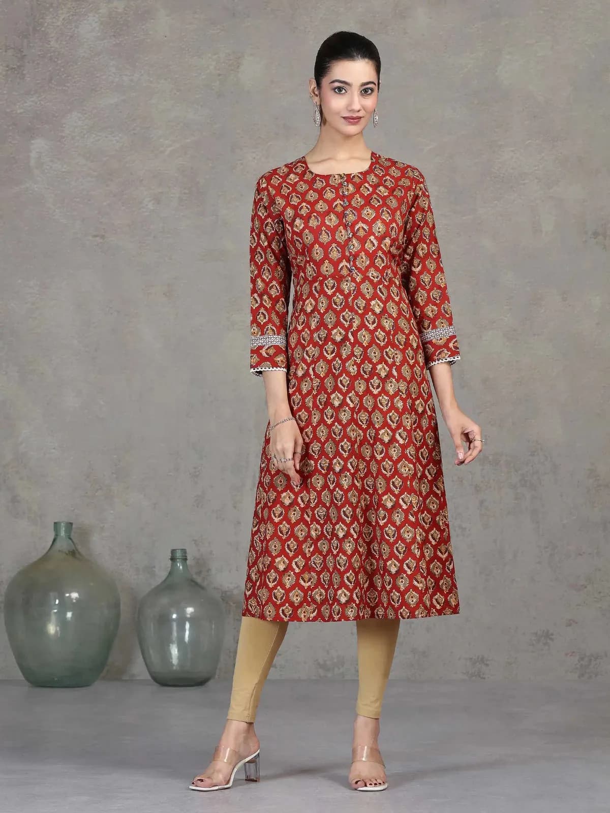 Rust Floral Printed A-Line Cotton Kurta - Barkha Boutique Kishangarh