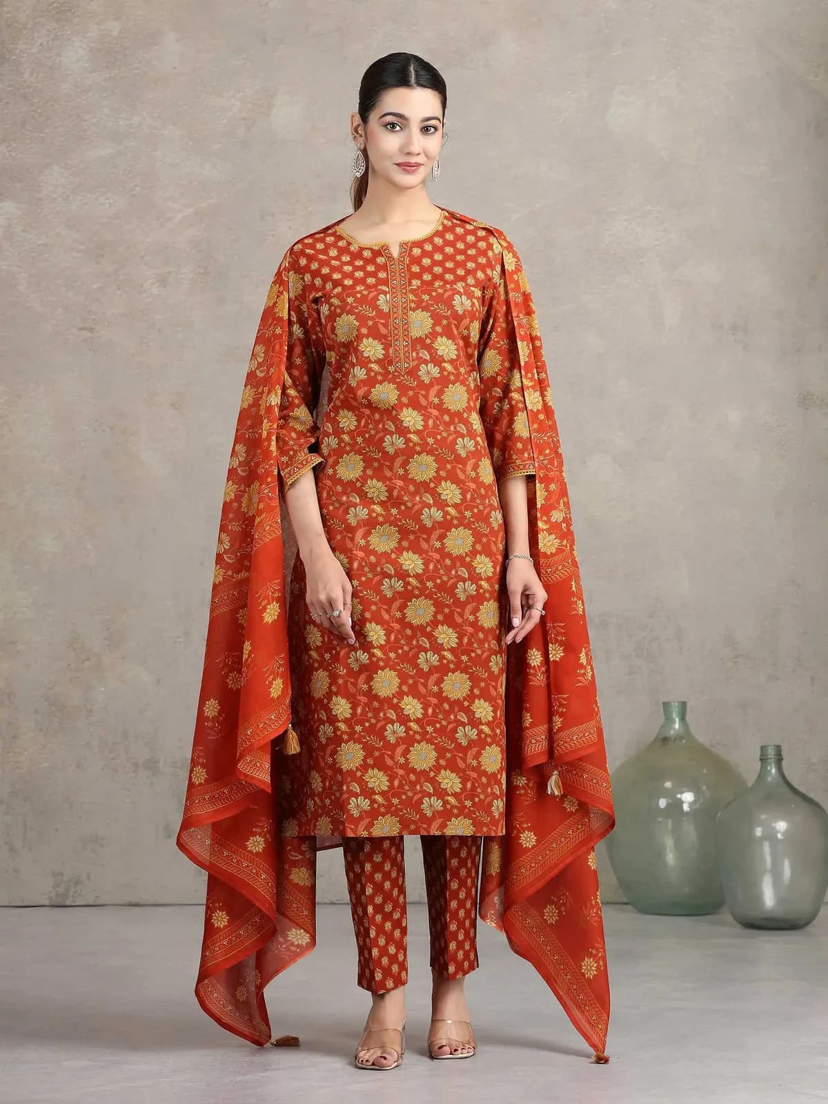 Rust Floral Printed Straight Ethnic Set - Barkha Boutique Kishangarh