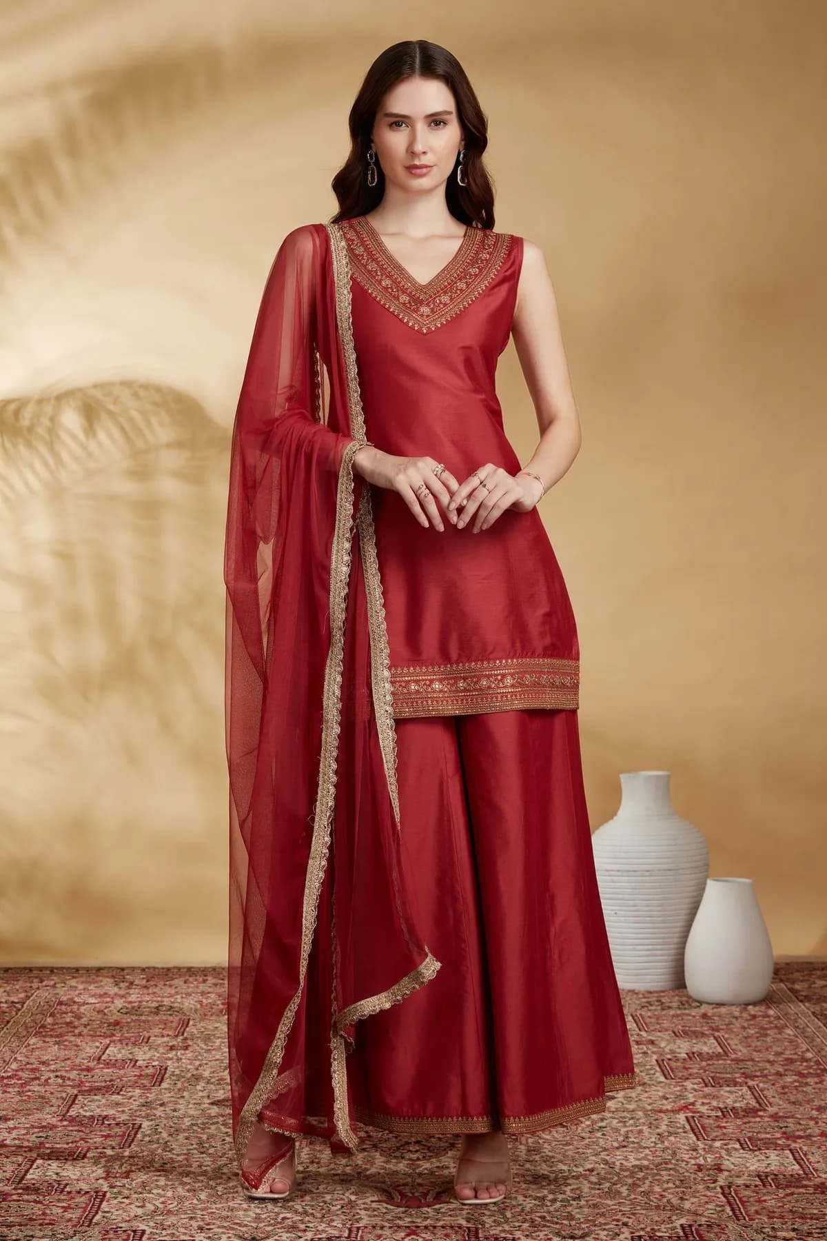 Rust PolySilk Embroidered Straight Kurta Palazzo and Dupatta Suit Set - Barkha Boutique Kishangarh