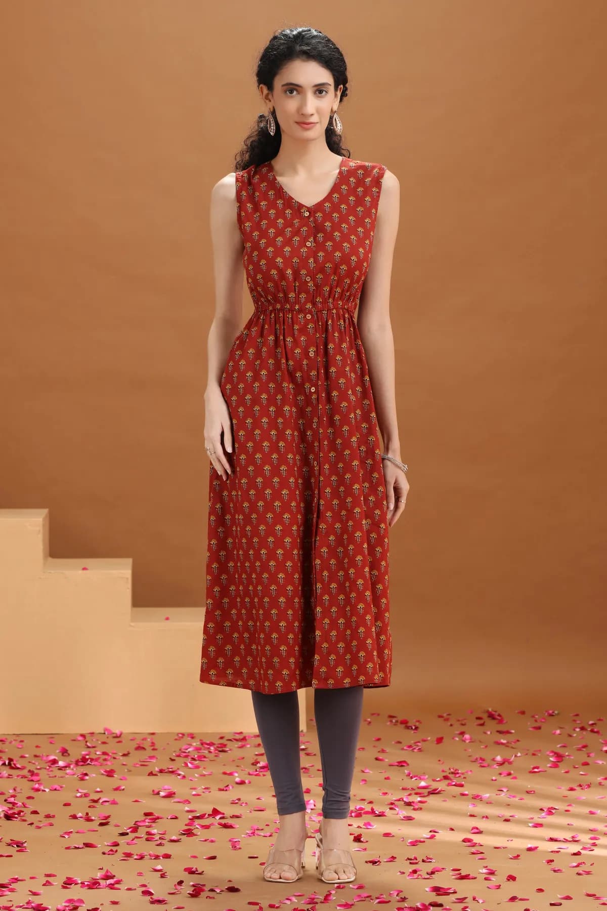 Rust Printed A Line Cotton Kurta - Barkha Boutique Kishangarh