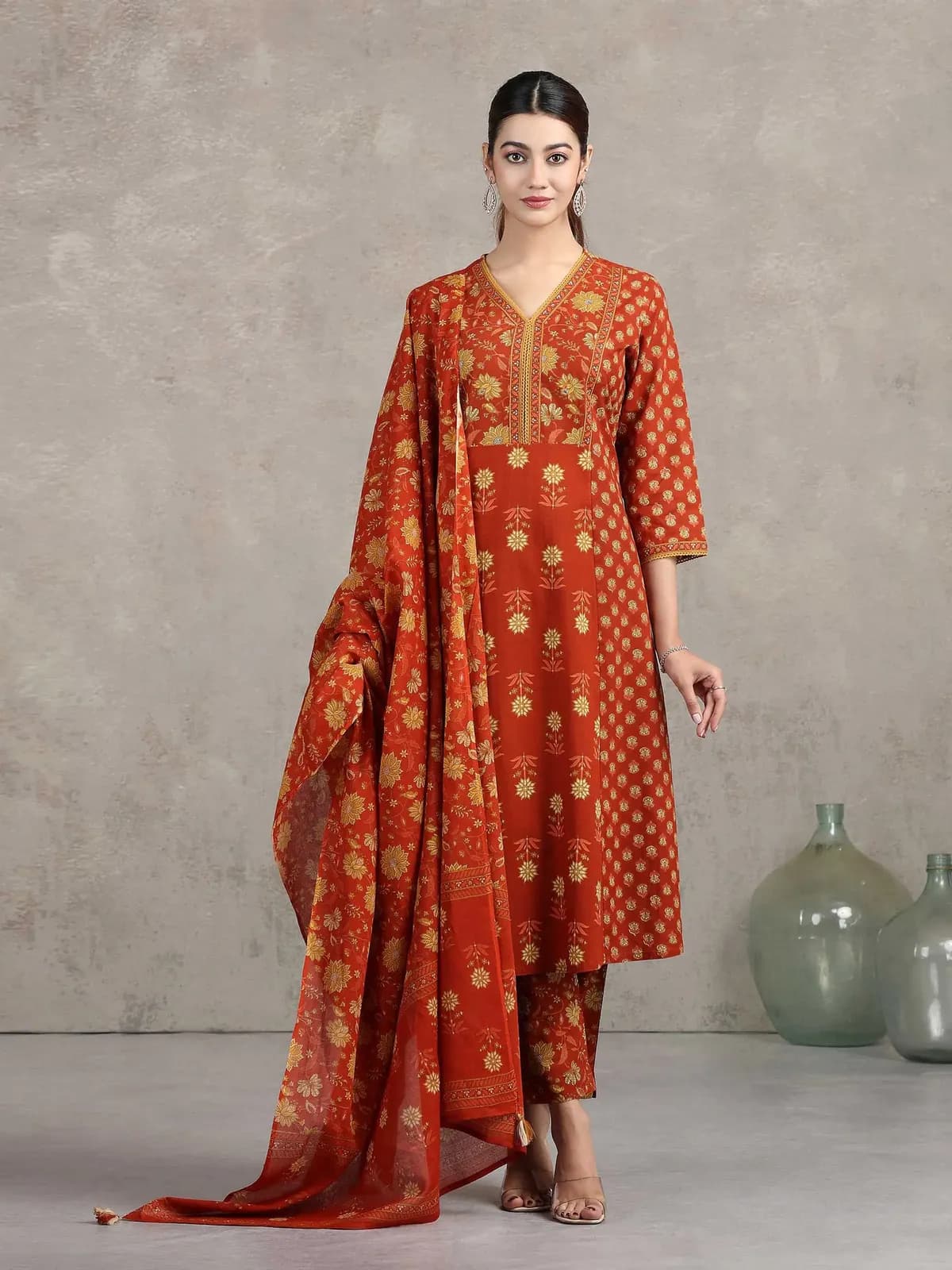 Rust Printed A-Line Ethnic Set - Barkha Boutique Kishangarh