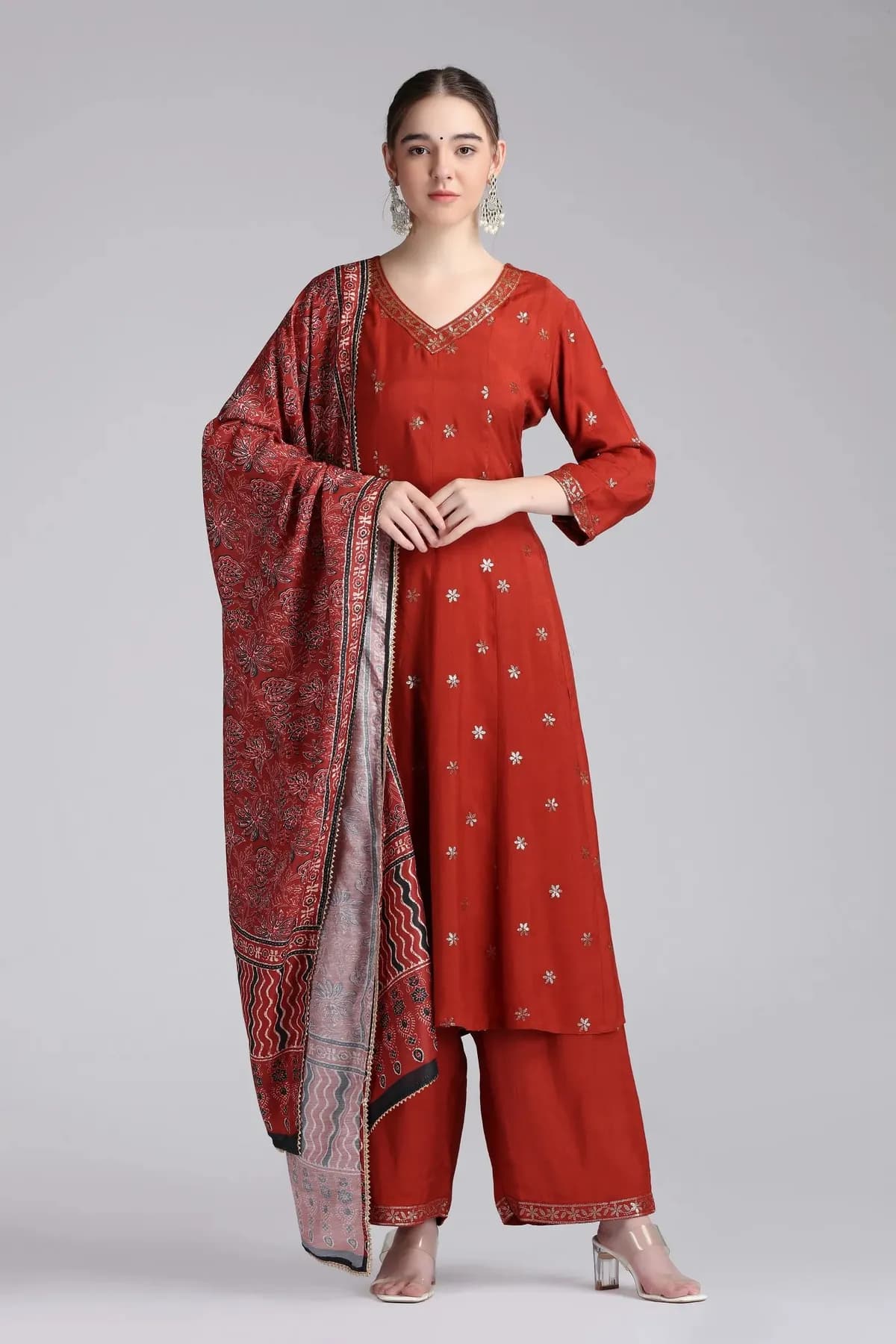 Rust Santoon Embroidered Flared Kurta Pant and Dupatta Suit Set - Barkha Boutique Kishangarh