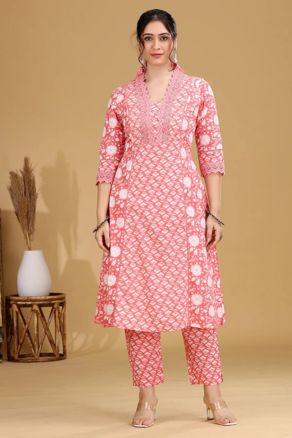 Salmon Pink Printed A-Line Cotton Co-ord Set - Barkha Boutique Kishangarh