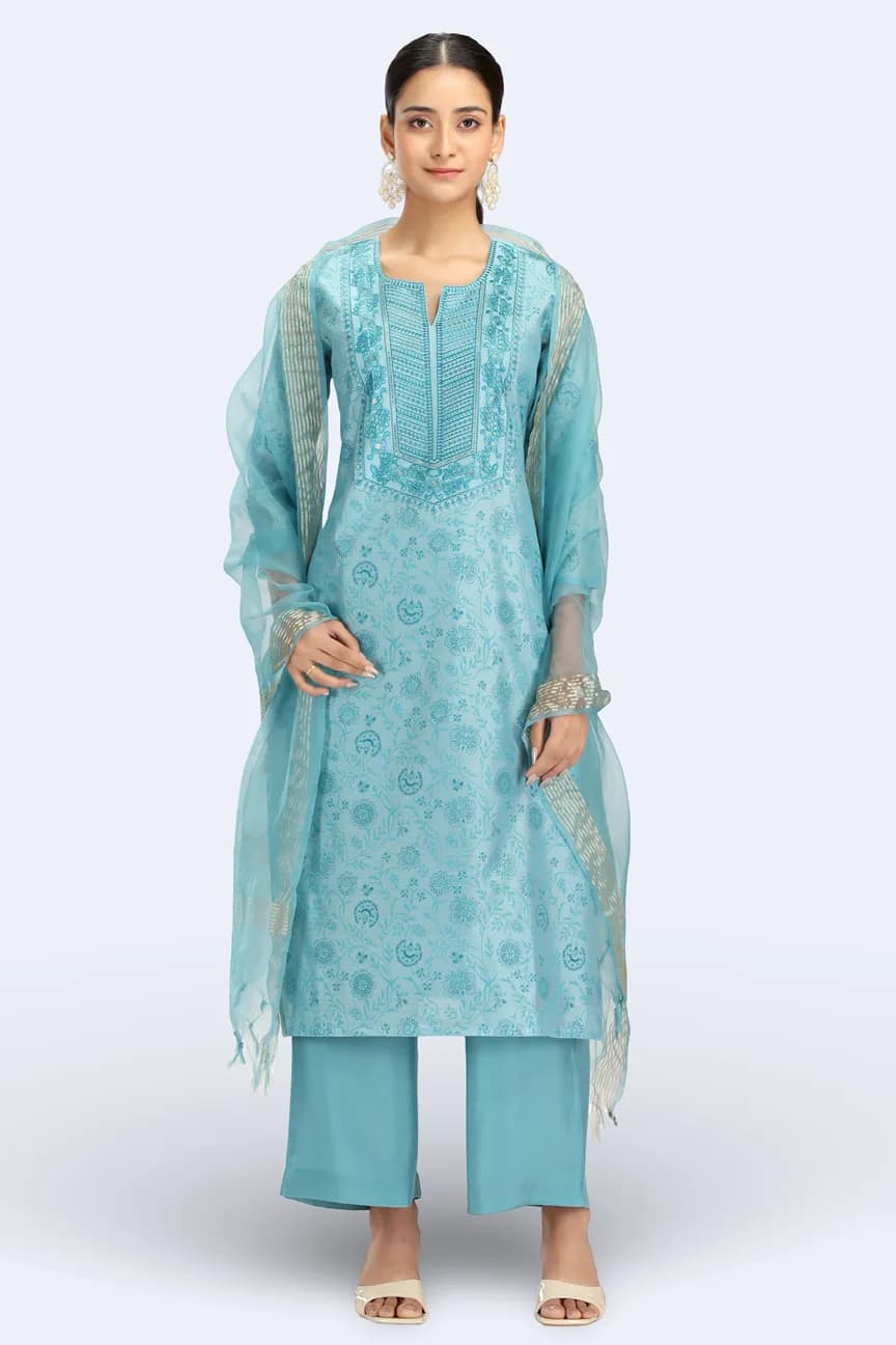 Sky Blue Chanderi Embroidered Straight Kurta Pant and Dupatta Suit Set - Barkha Boutique Kishangarh