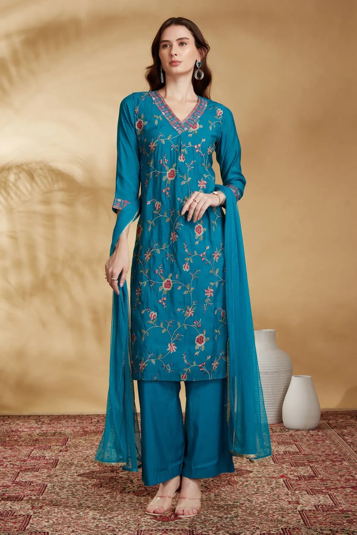 Sky Blue Chanderi Embroidered Straight Kurta Pant and Dupatta Suit Set - Barkha Boutique Kishangarh